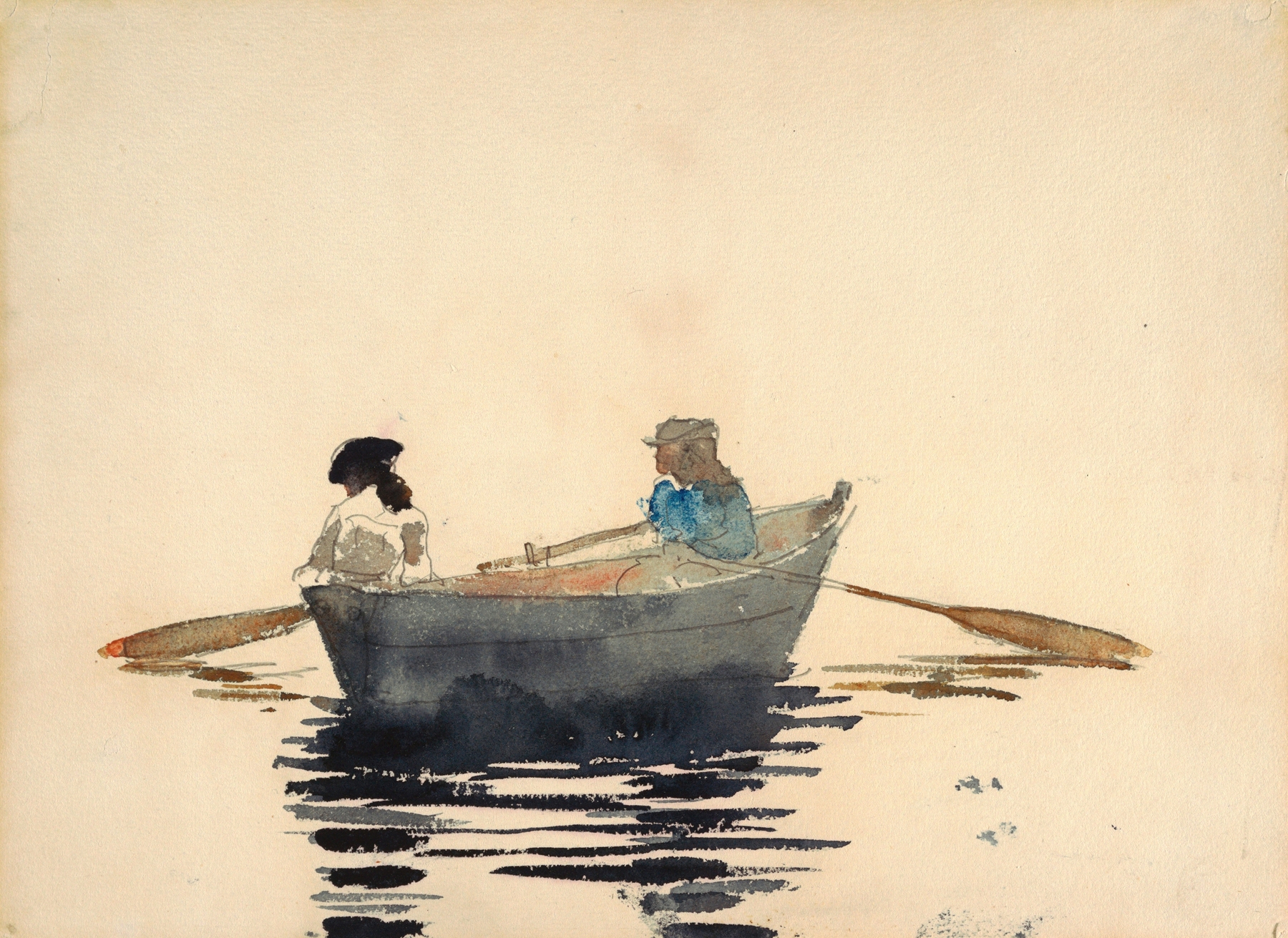 Two girls in a rowboat on water, oil on canvas by Winslow Homer