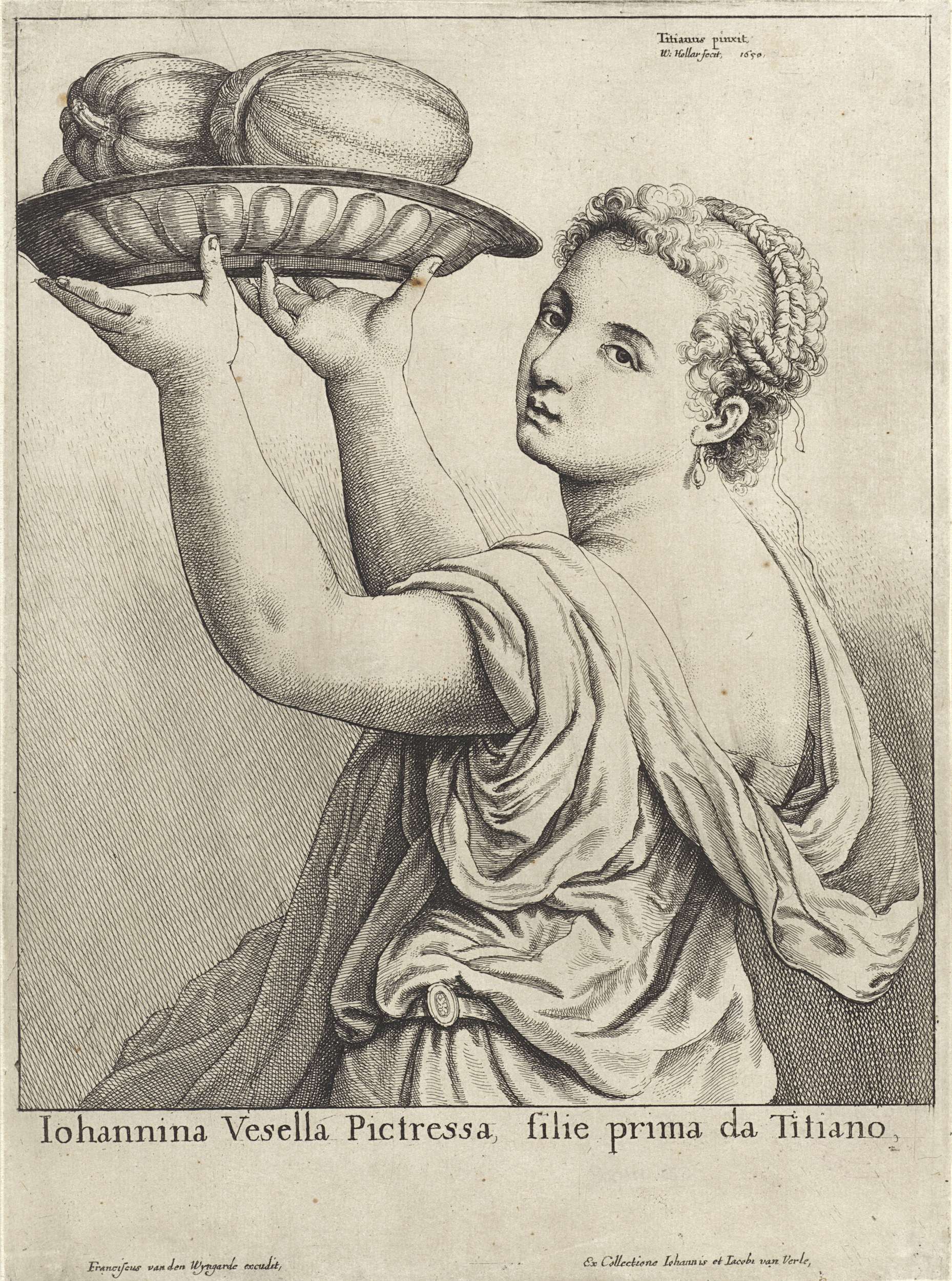 Etching by Wenceslaus Hollar of Lavinia Vecellio, capturing her contemplative expression and interplay of light.