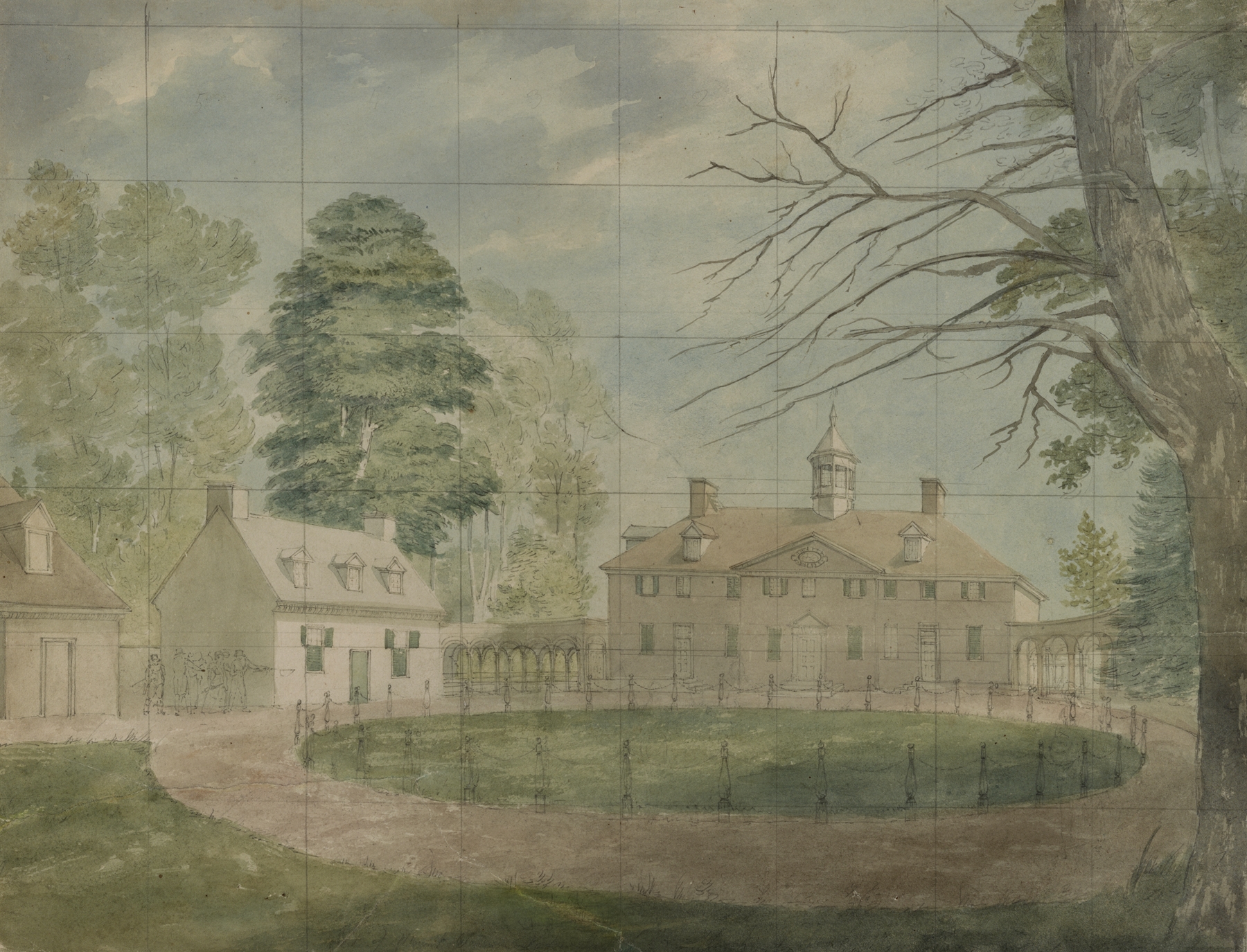 Mount Vernon with outbuildings shown from the far side of the driveway, by John Rubens Smith, public domain