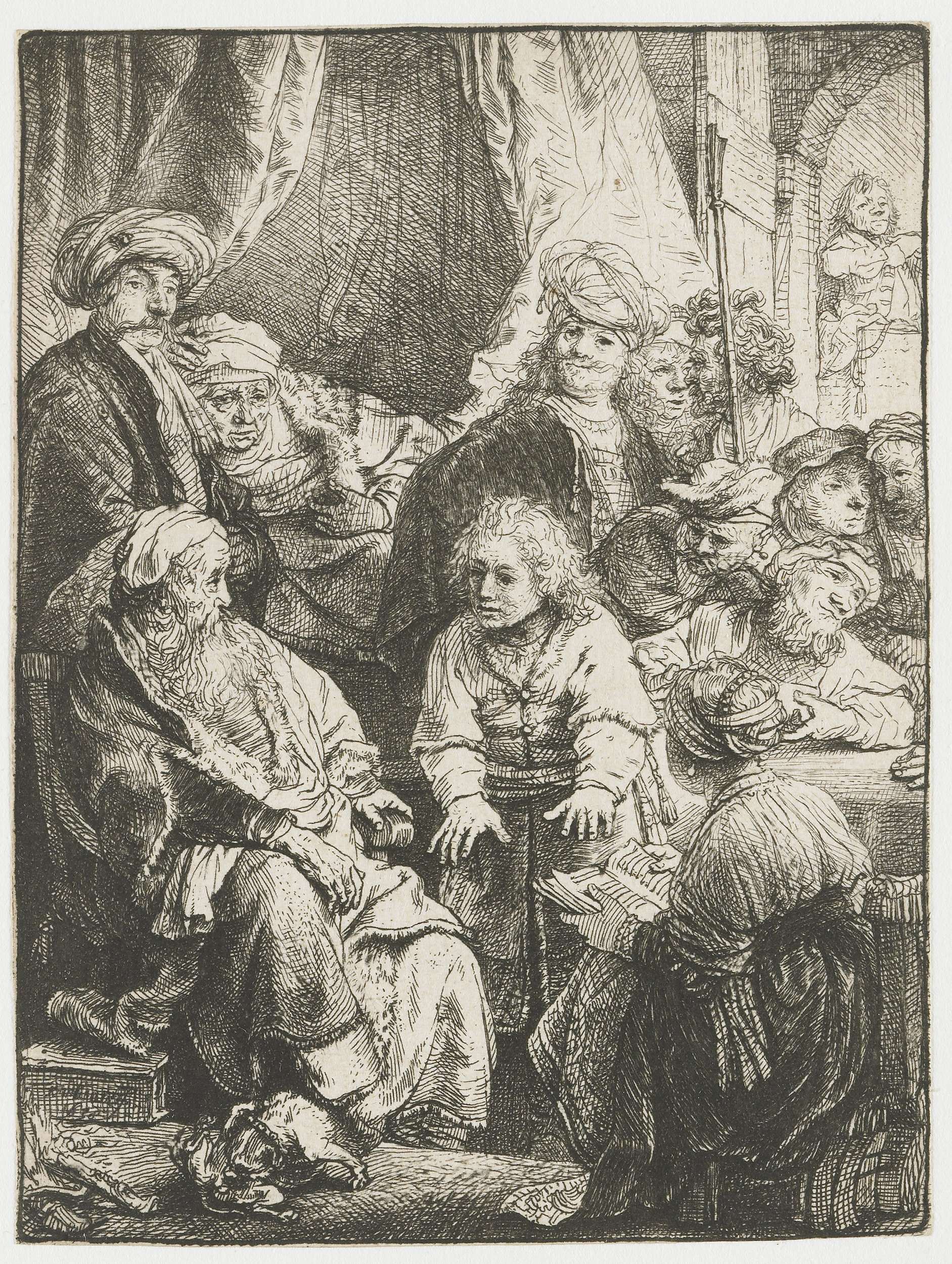Etching by Rembrandt van Rijn depicting Joseph surrounded by light and shadow.