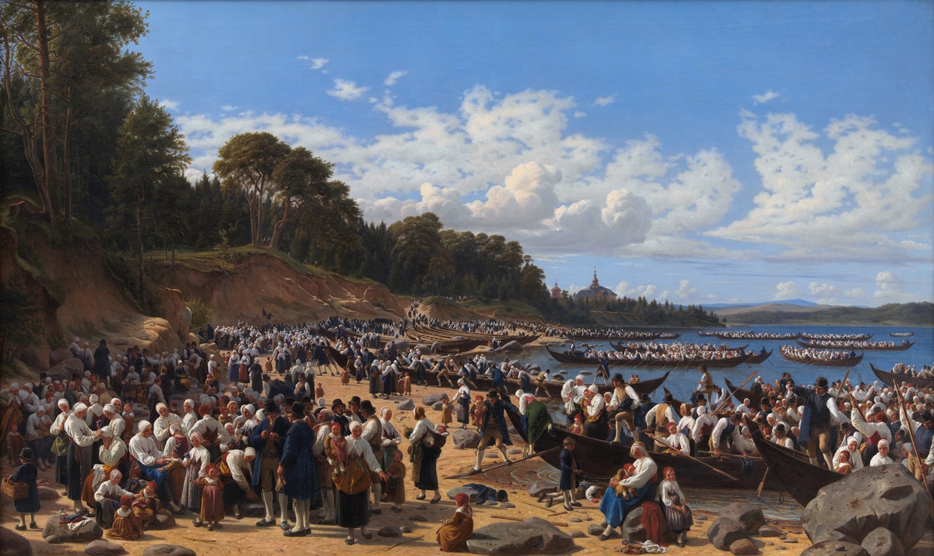 A depiction of church-goers arriving by boat at a parish church in Sweden.