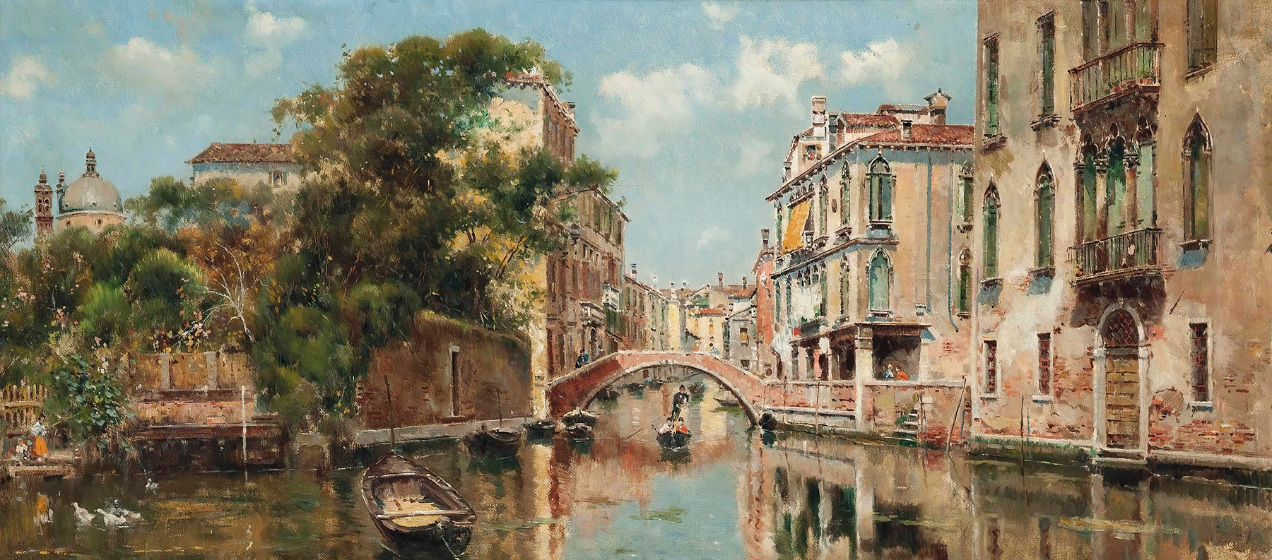 A gondolier before a Venetian bridge, by Antonio María de Reyna Manescau, public domain