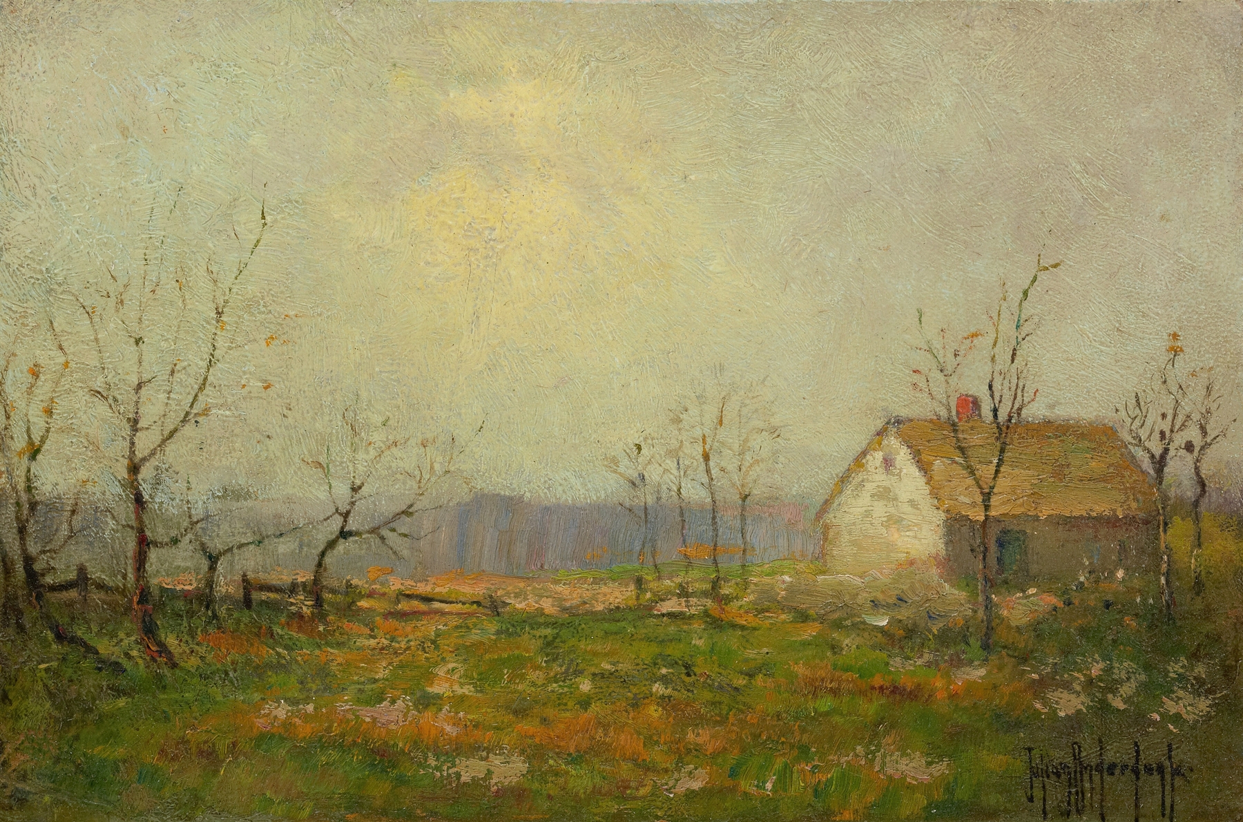 Landscape by Julian Onderdonk, oil on canvas depicting soft hills and tranquil colors.