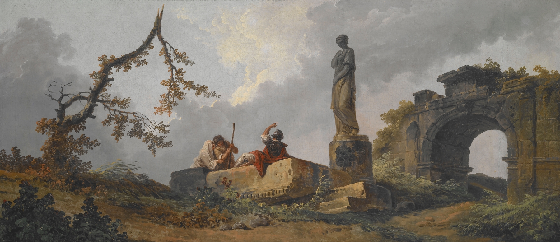 Statue in ruins, highlighting light and shadow, by Hubert Robert
