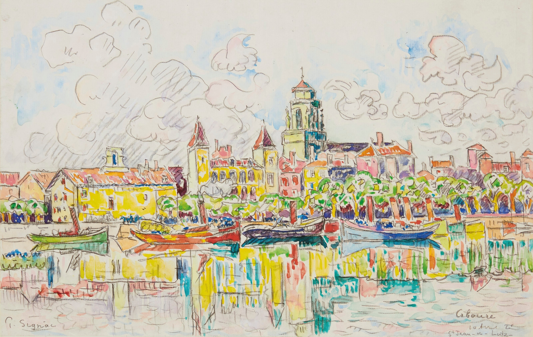 Ciboure by Paul Signac, oil painting depicting a marine village at twilight.