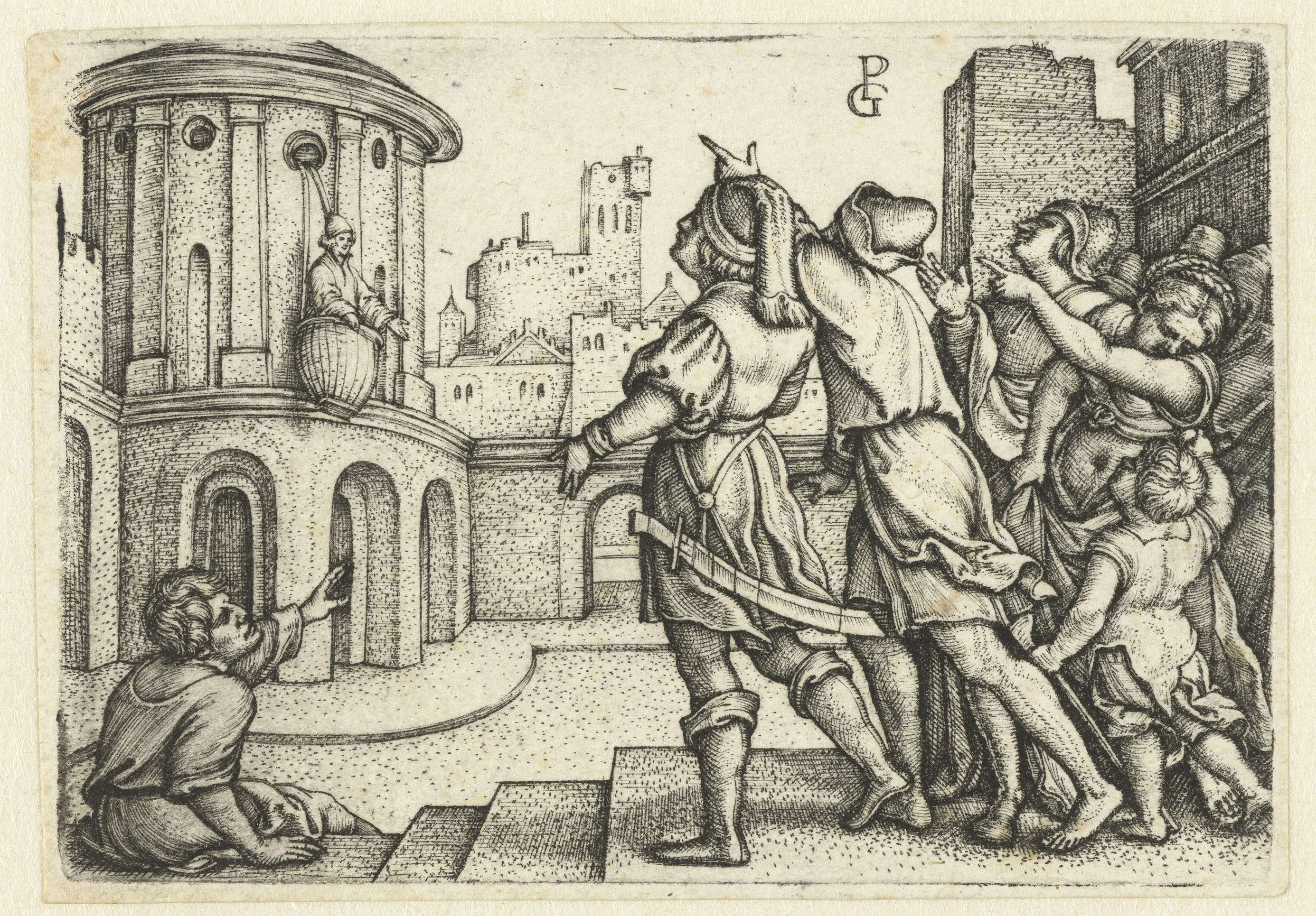 Engraving by Georg Pencz showing a figure amidst a mocking crowd