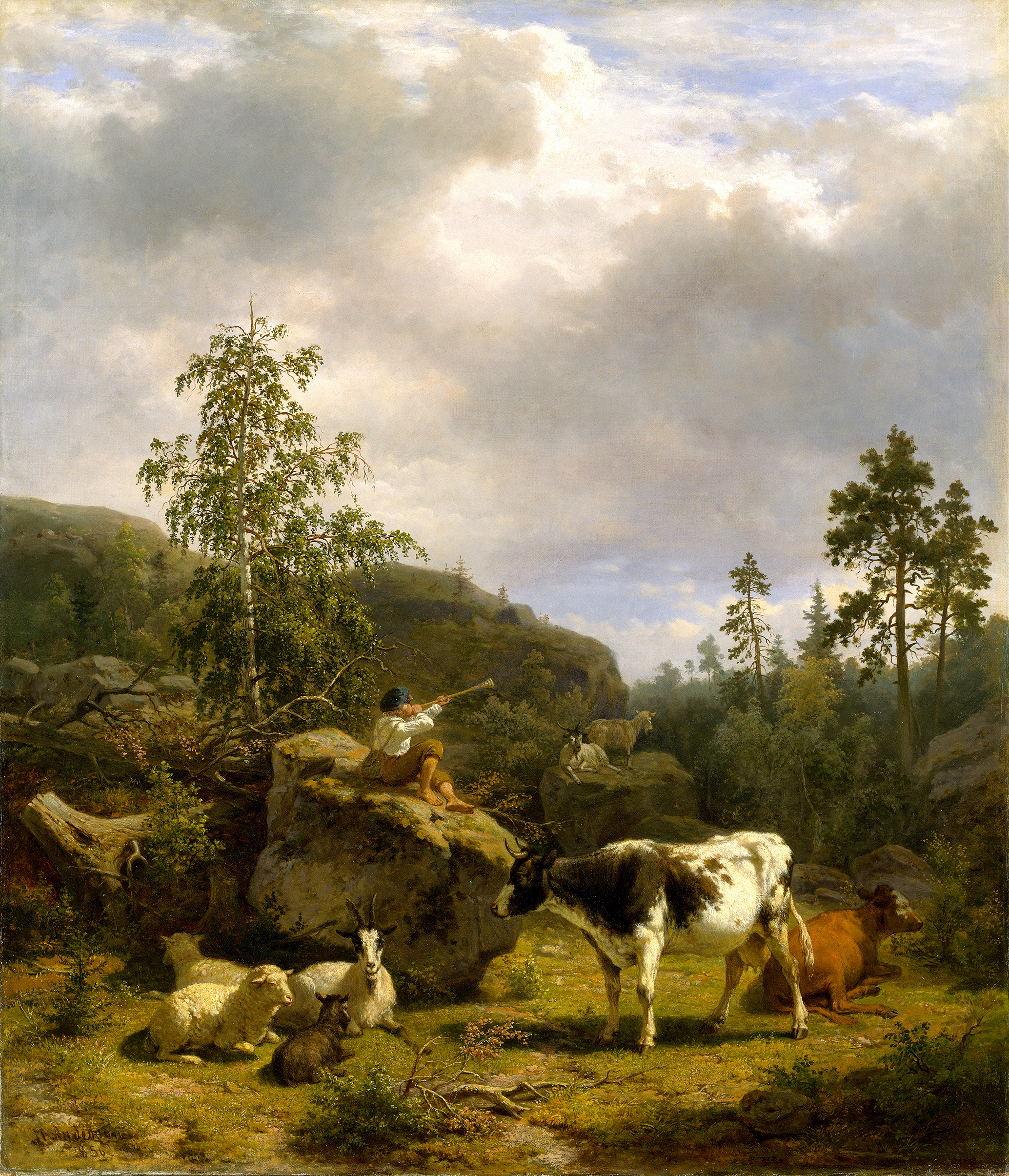 Forest landscape with a shepherd boy and cattle, oil on canvas by Nils Andresson