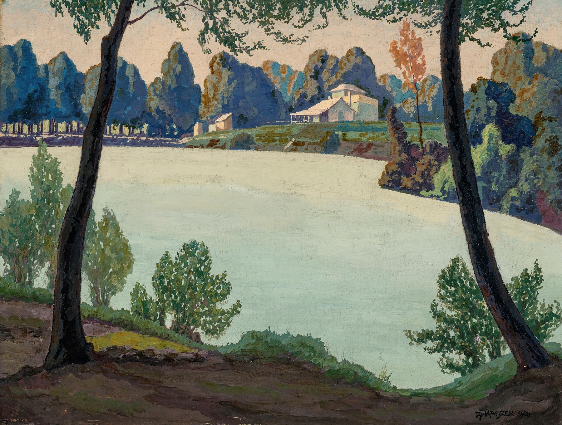 Silbersee bei Höflein by Max Kahrer, oil on canvas depicting a lake with reflections and a blue sky
