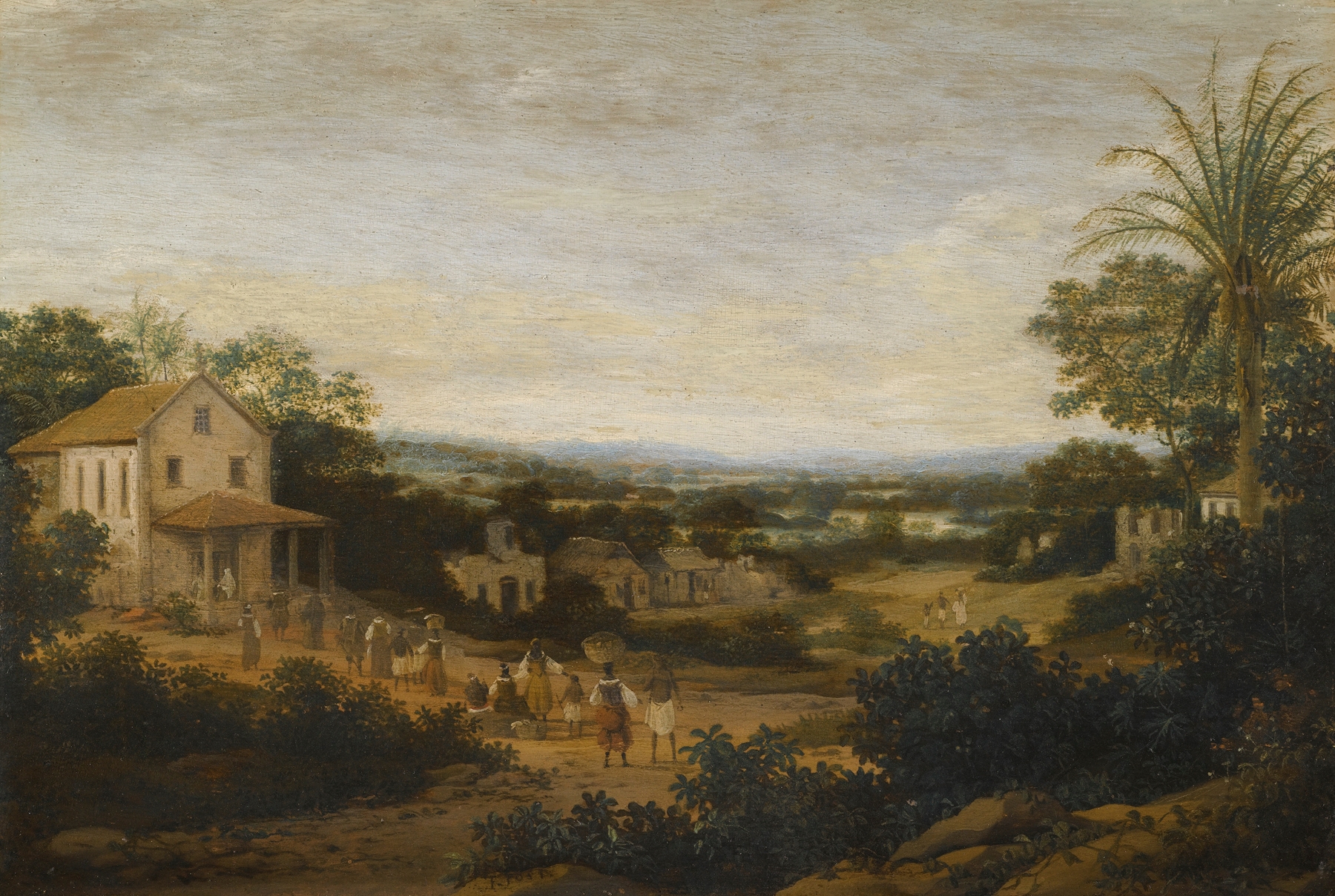 A Landscape In Brazil Looking Down On The Varzea, Europeans And Natives Approaching A Church In The Foreground, by Frans Post, public domain