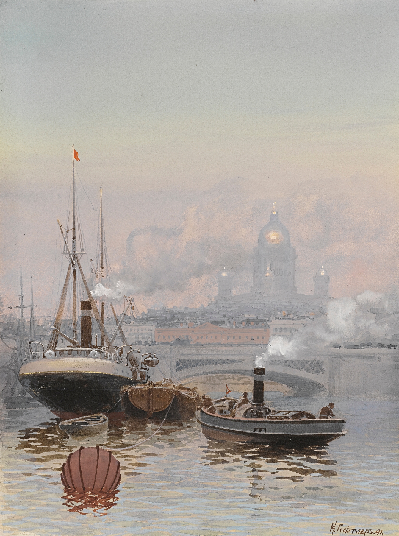 View Of Kazan Cathedral From The Neva by Karl Eduardovich Geftler, oil painting depicting a cathedral by the river.
