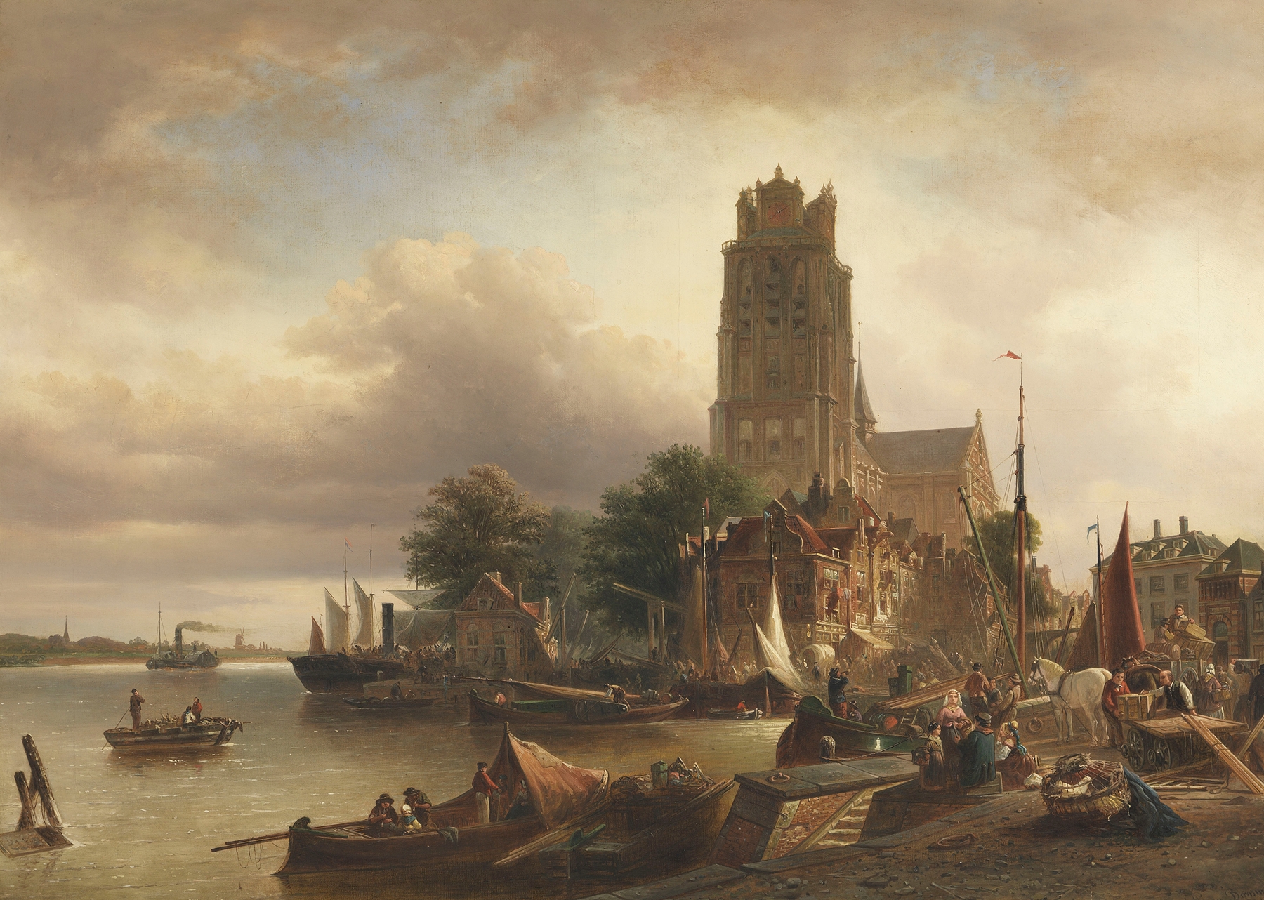 Architecture of Dordrecht with the Grote Kerk, oil painting by Elias Pieter van Bommel
