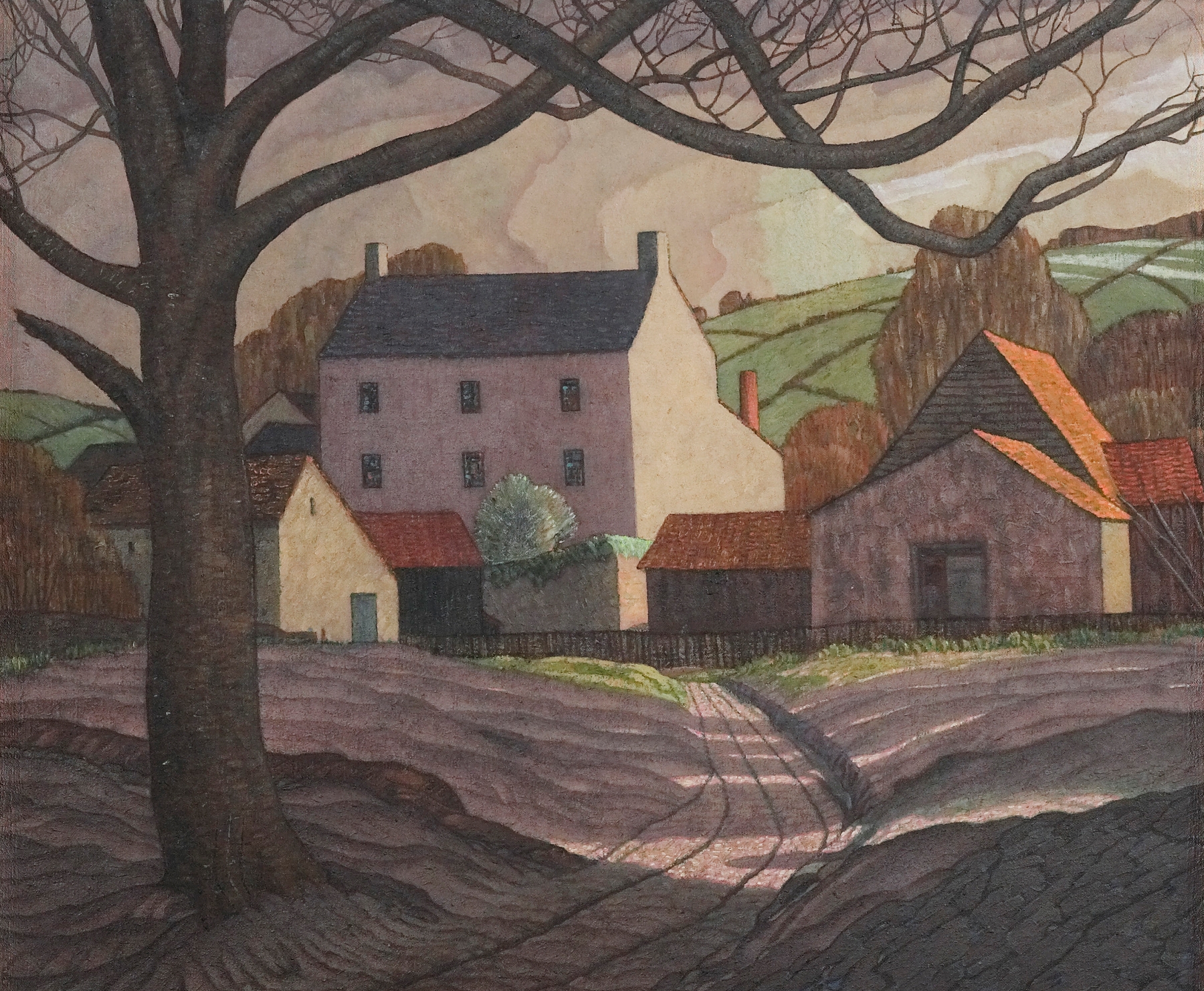 Landscape of Magenta Farm, Monmouthshire by Guy Kortright, oil on canvas