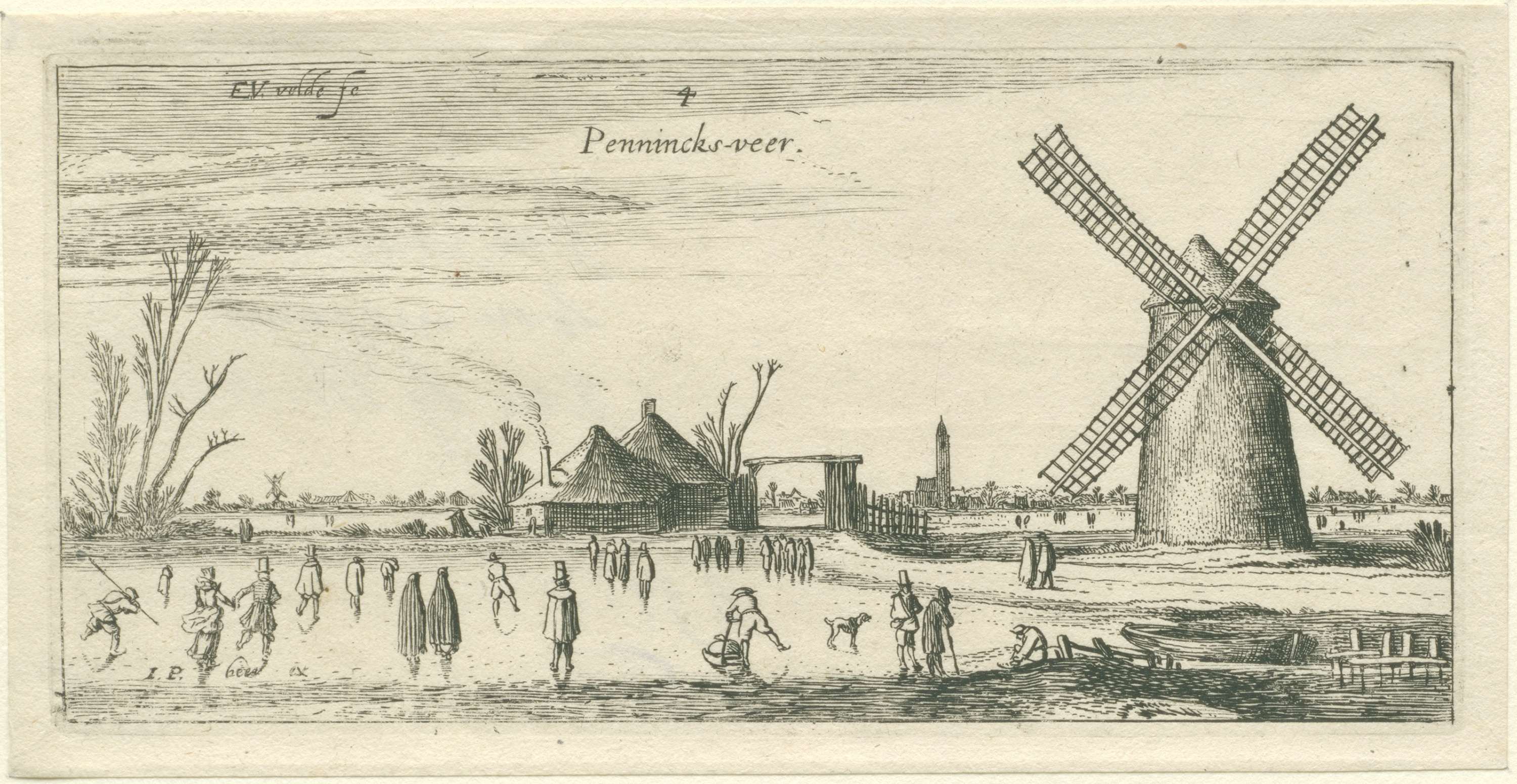 Schaatsers op het ijs bij een molen in de buurt van Penningsveer, by Esaias van de Velde, public domain