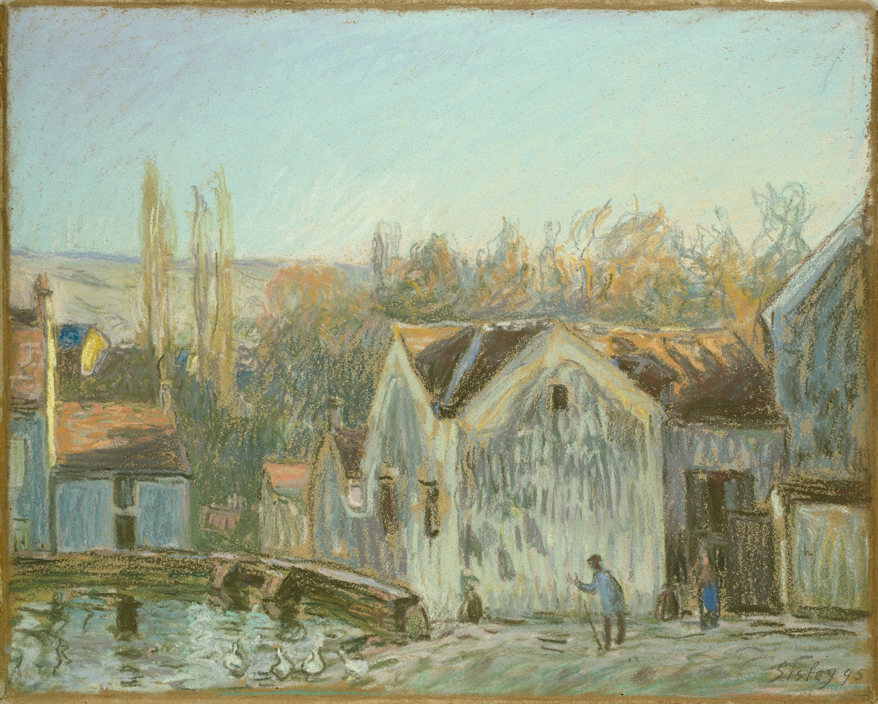 Landscape with a river and village, oil painting by Alfred Sisley