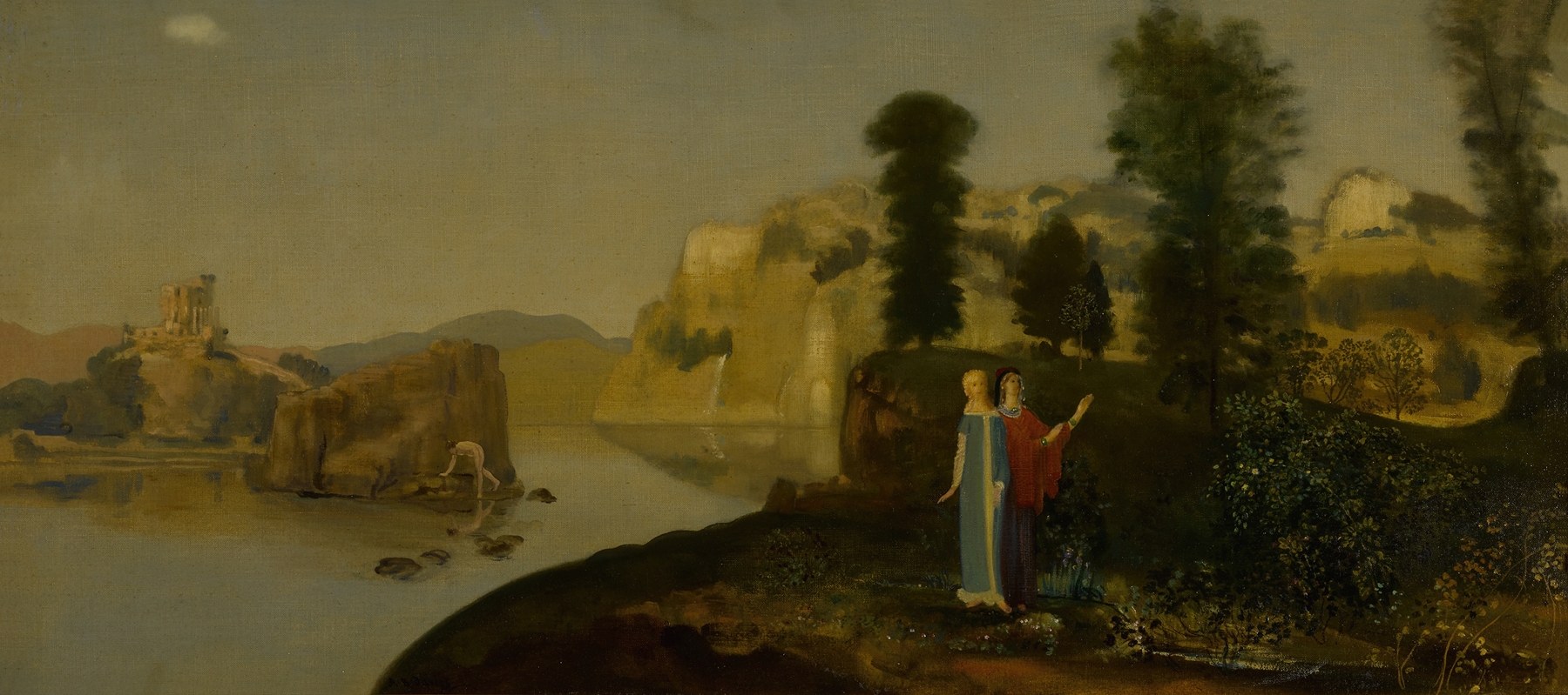 Ethereal landscape with silvery light and gentle hills, oil on canvas by Arthur Bowen Davies