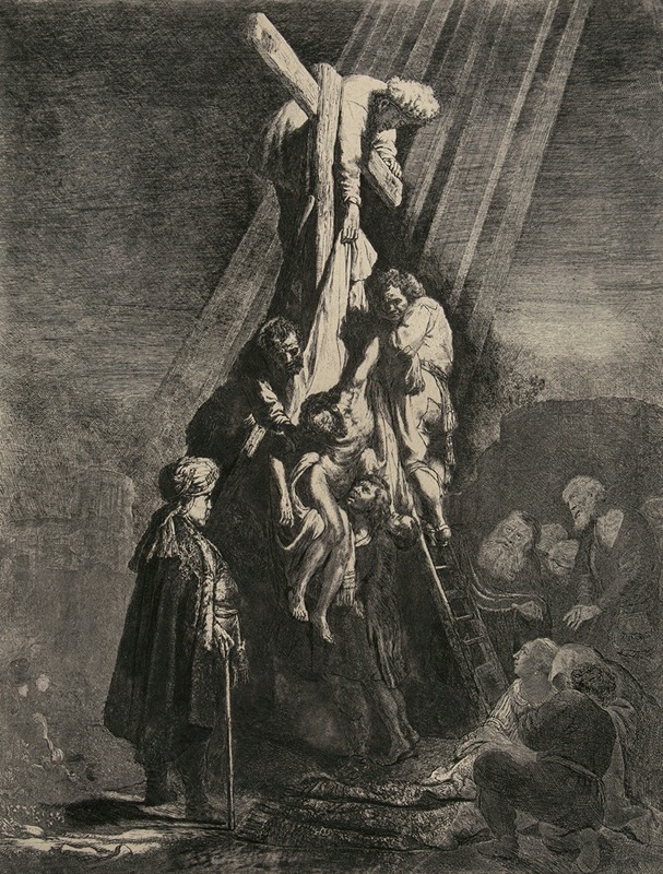 Rembrandt's 'The Descent from the Cross; Second Plate' captures a poignant moment in a religious narrative.