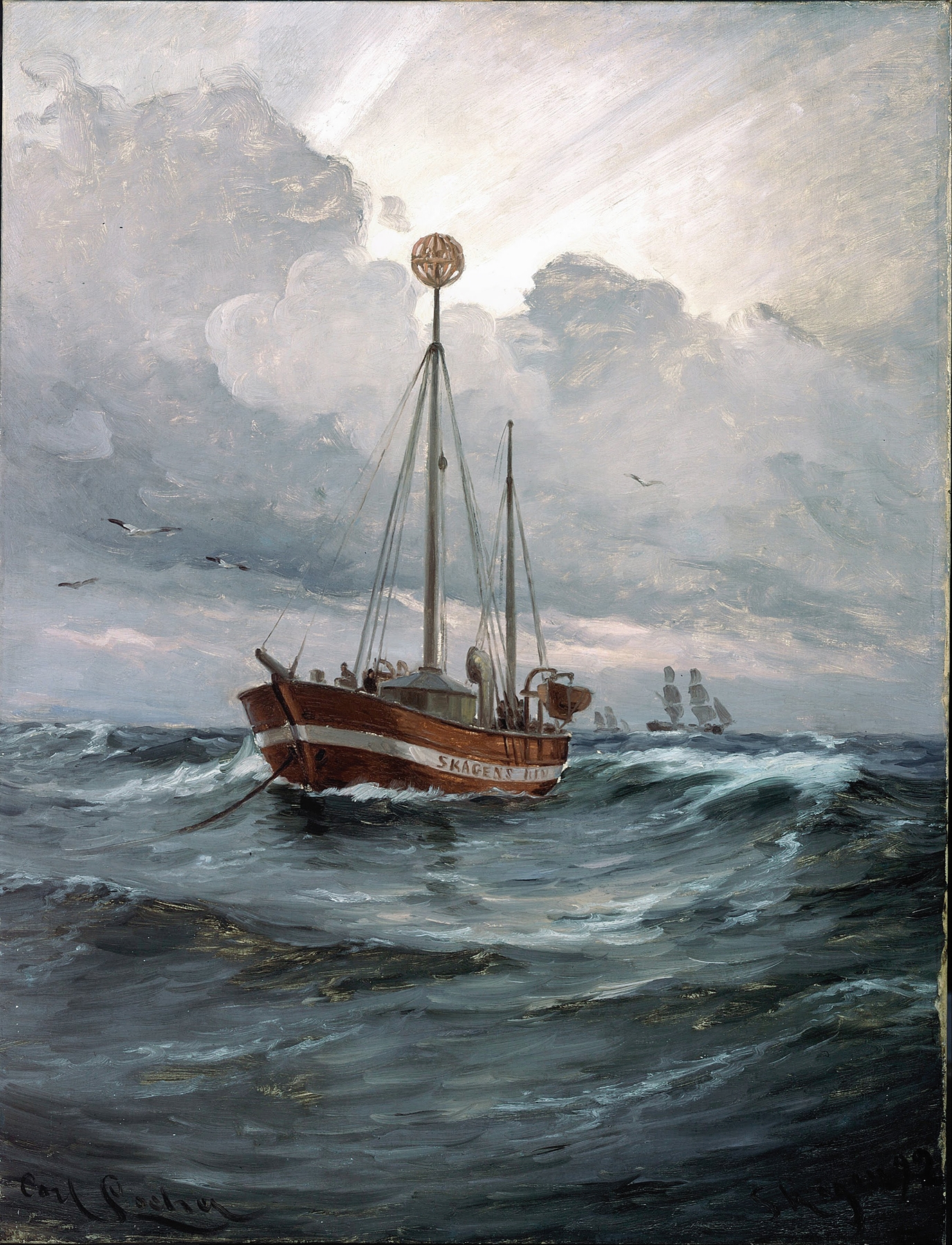 Marine scene with a lightship amidst a stormy sea, oil painting by Carl Locher
