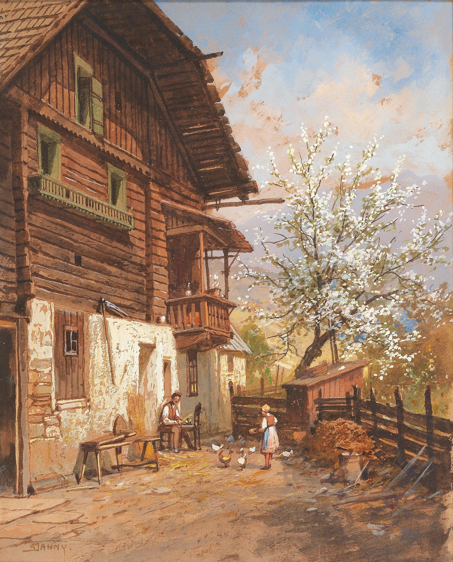 Springtime landscape with wildflowers and sunlight by Georg Janny, oil on canvas