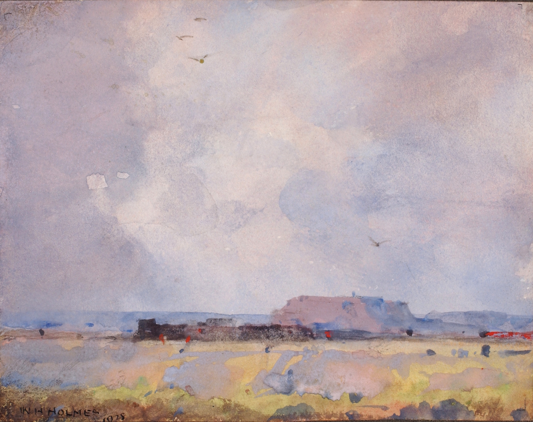 Watercolor on paper by William Henry Holmes depicting a pueblo with hills and sky.