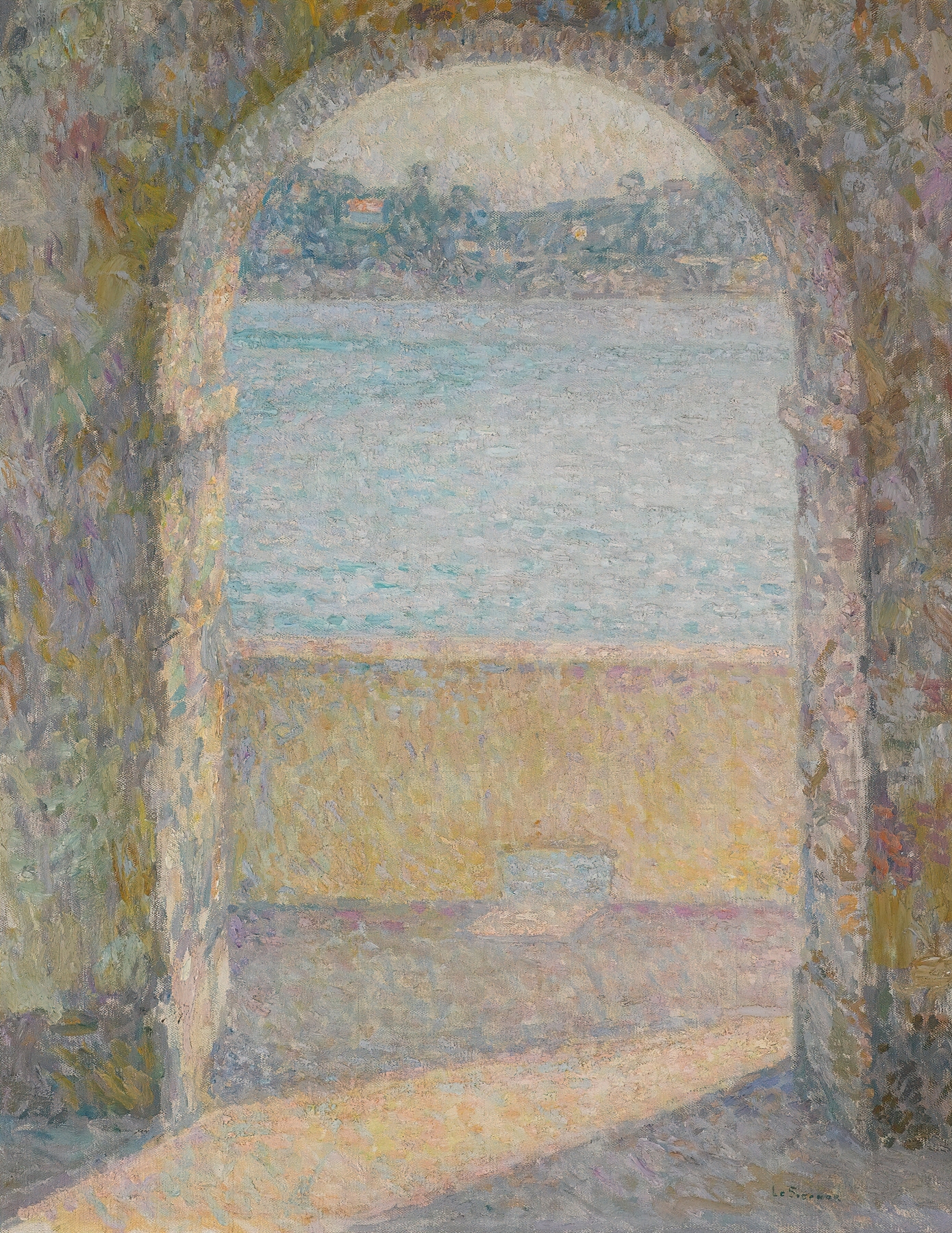 La Porte De La Mer, oil on canvas by Henri Le Sidaner, depicting a serene marine landscape.