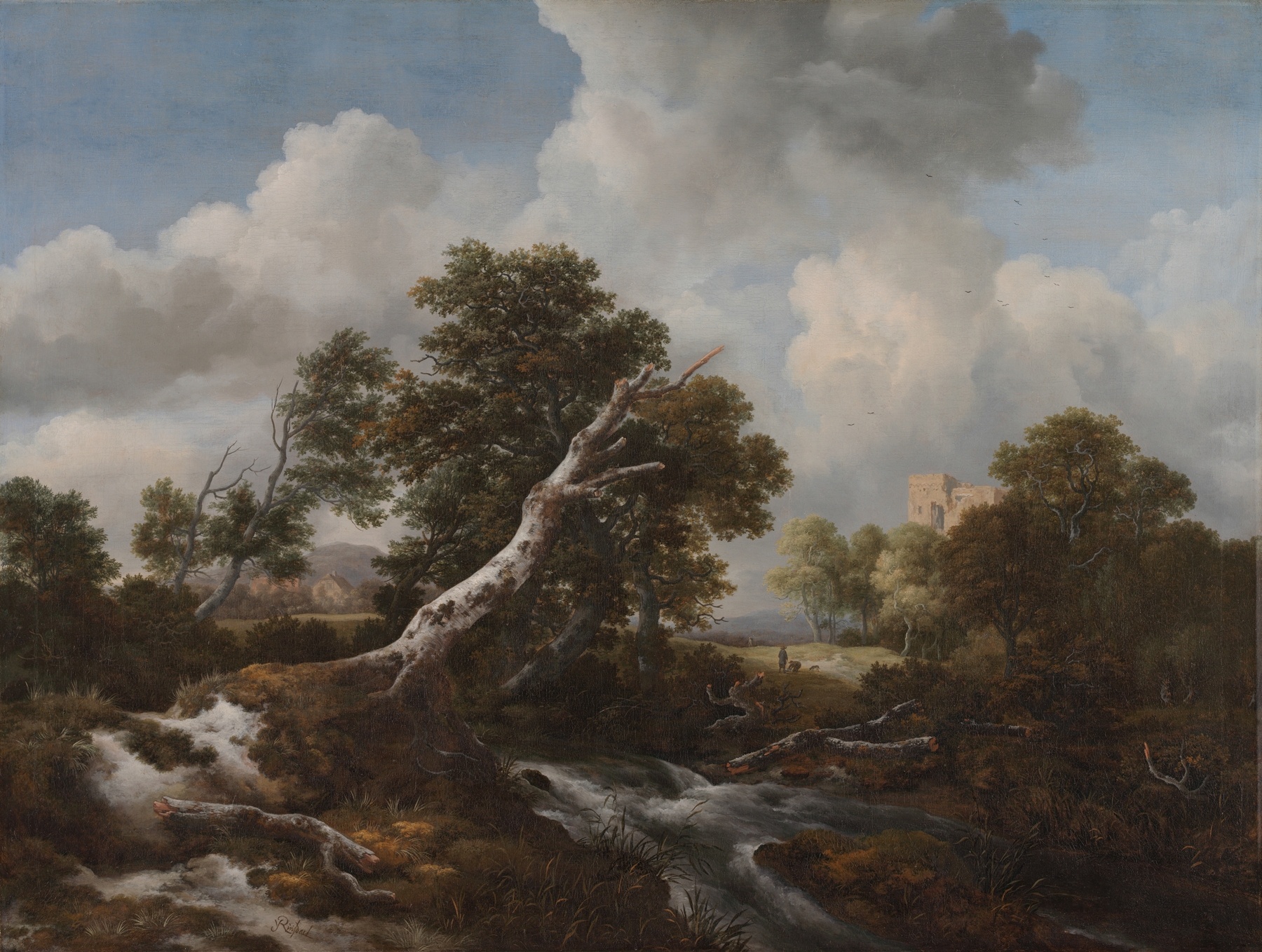 Low Waterfall in a Wooded Landscape with a Dead Beech Tree, by Jacob van Ruisdael, public domain