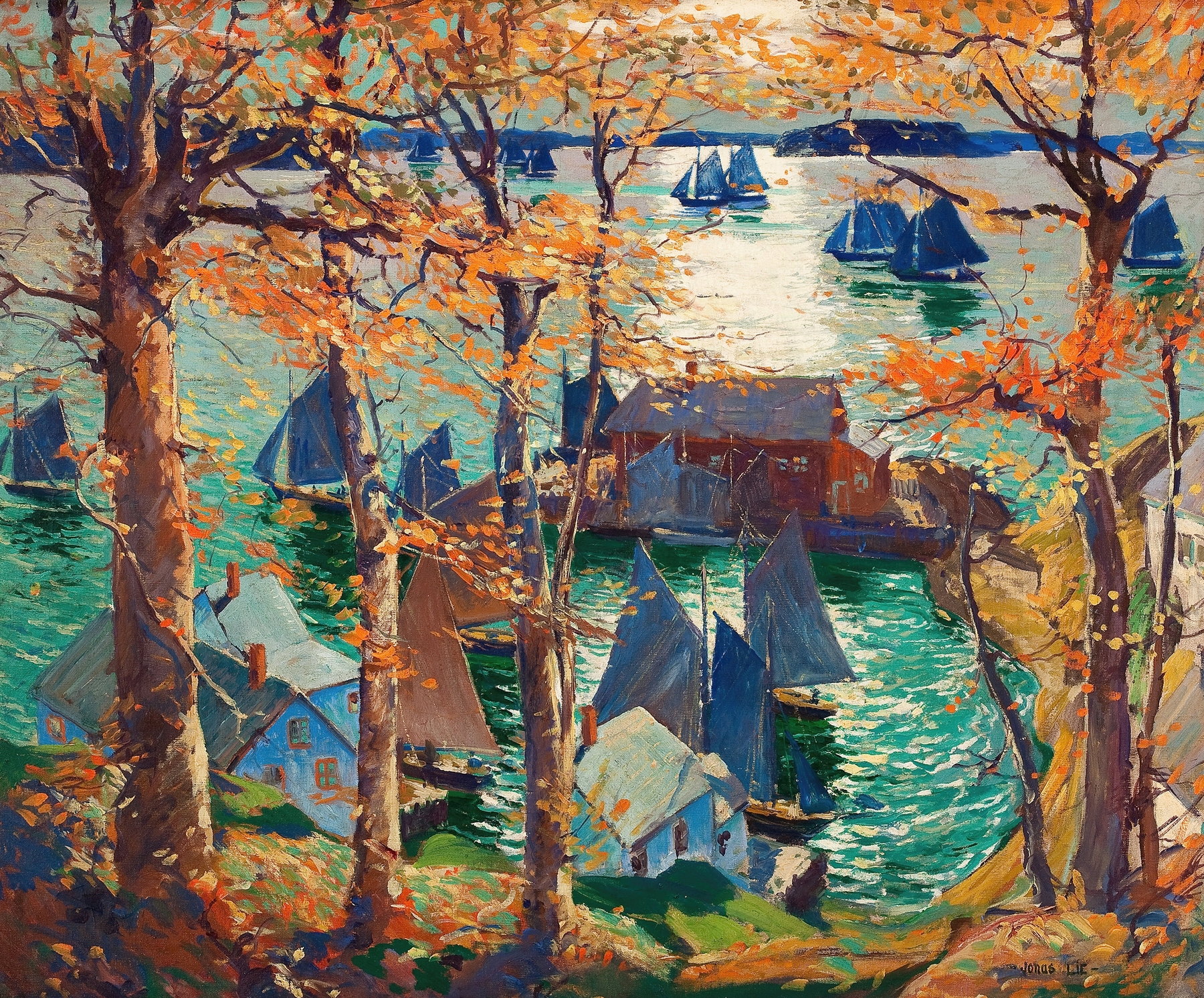 Marine scene with swirling waves in blue and green by Jonas Lie, oil painting