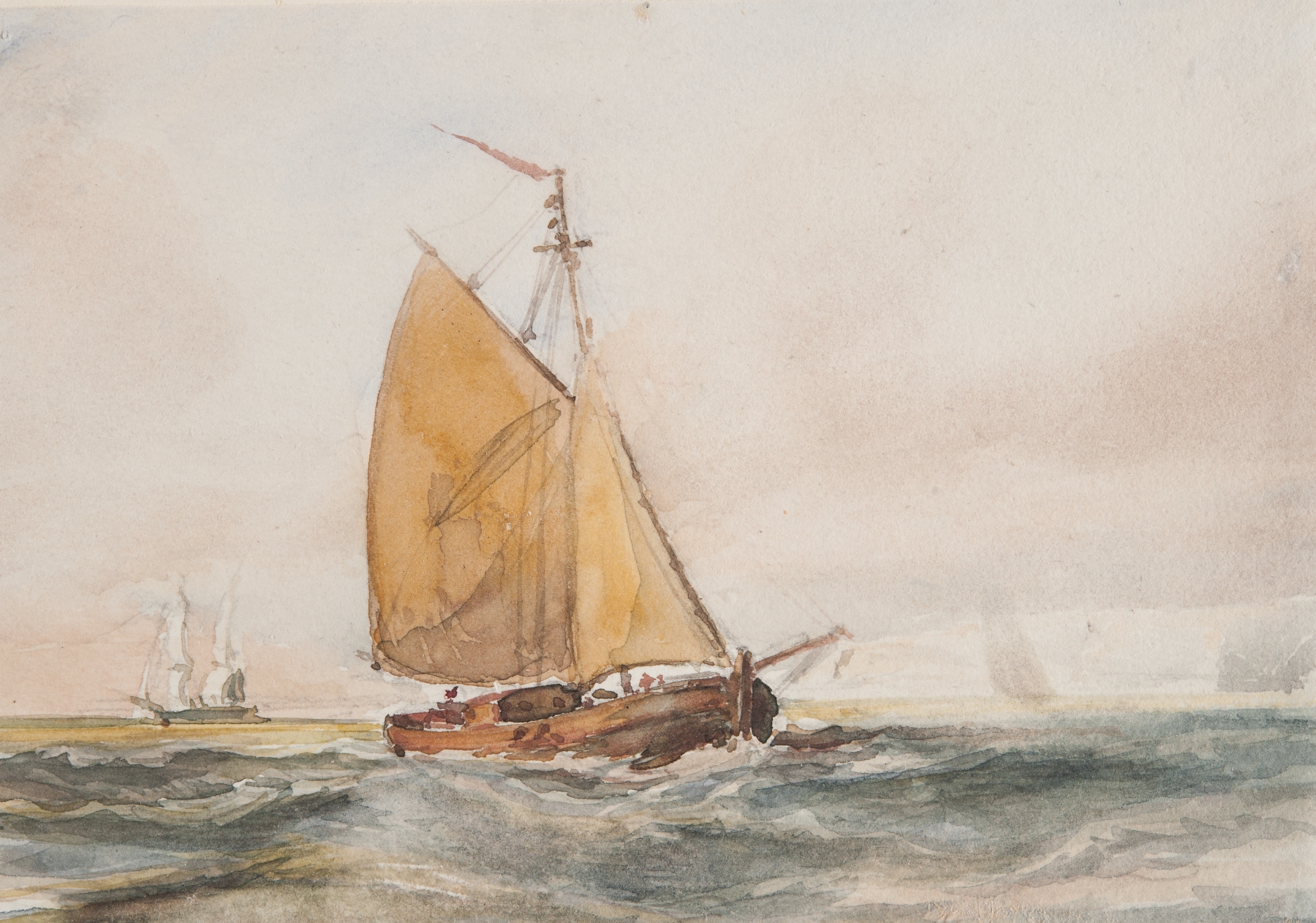 Jakt under segel by Bror Jacob Adelborg, oil on canvas depicting a small boat sailing at dawn.