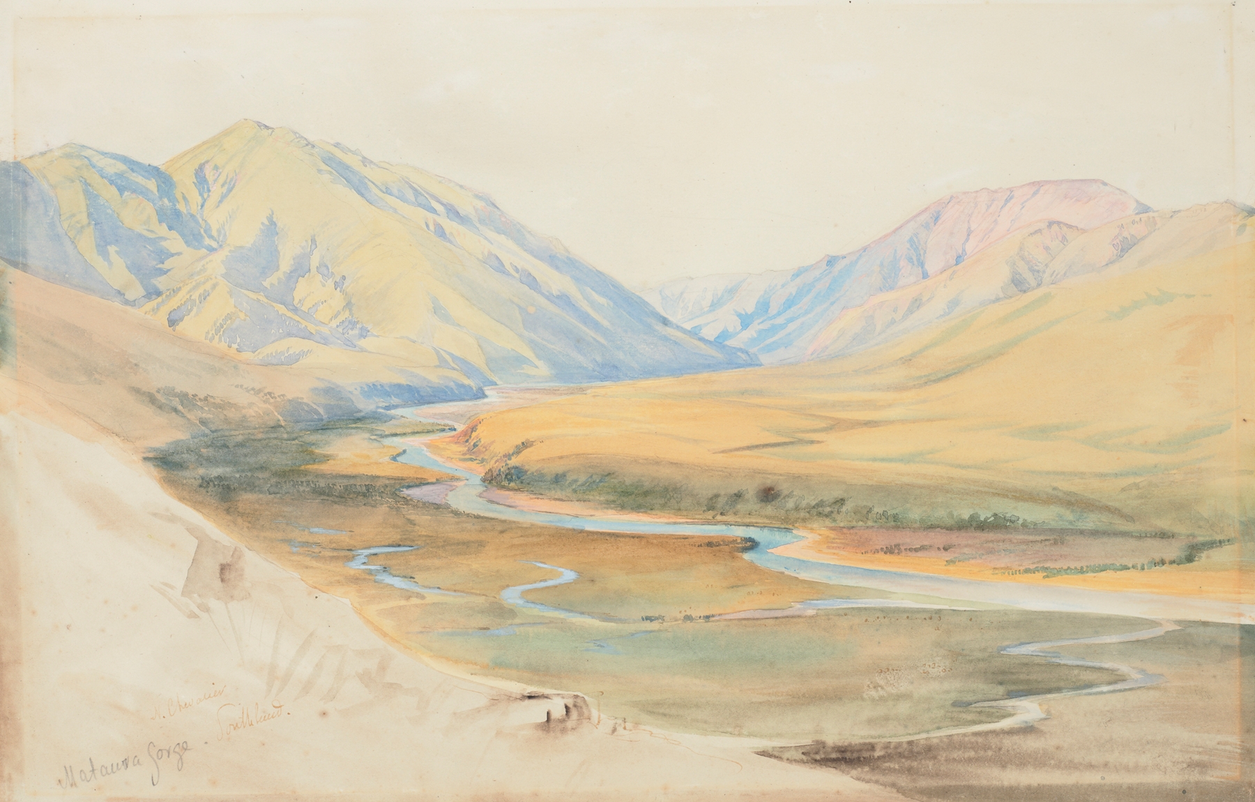 Mataura Gorge, Southland by Nicholas Chevalier, oil painting depicting a lush river landscape.