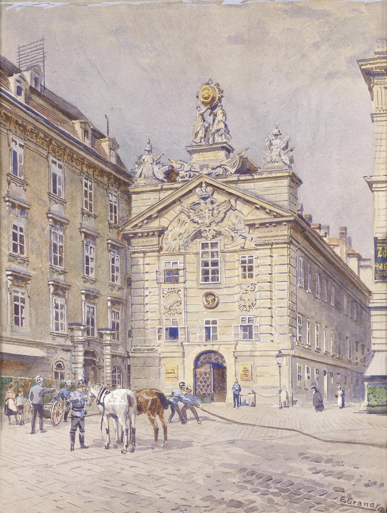 Architecture of Feuerwache Am Hof Wien by Ernst Graner, oil on canvas