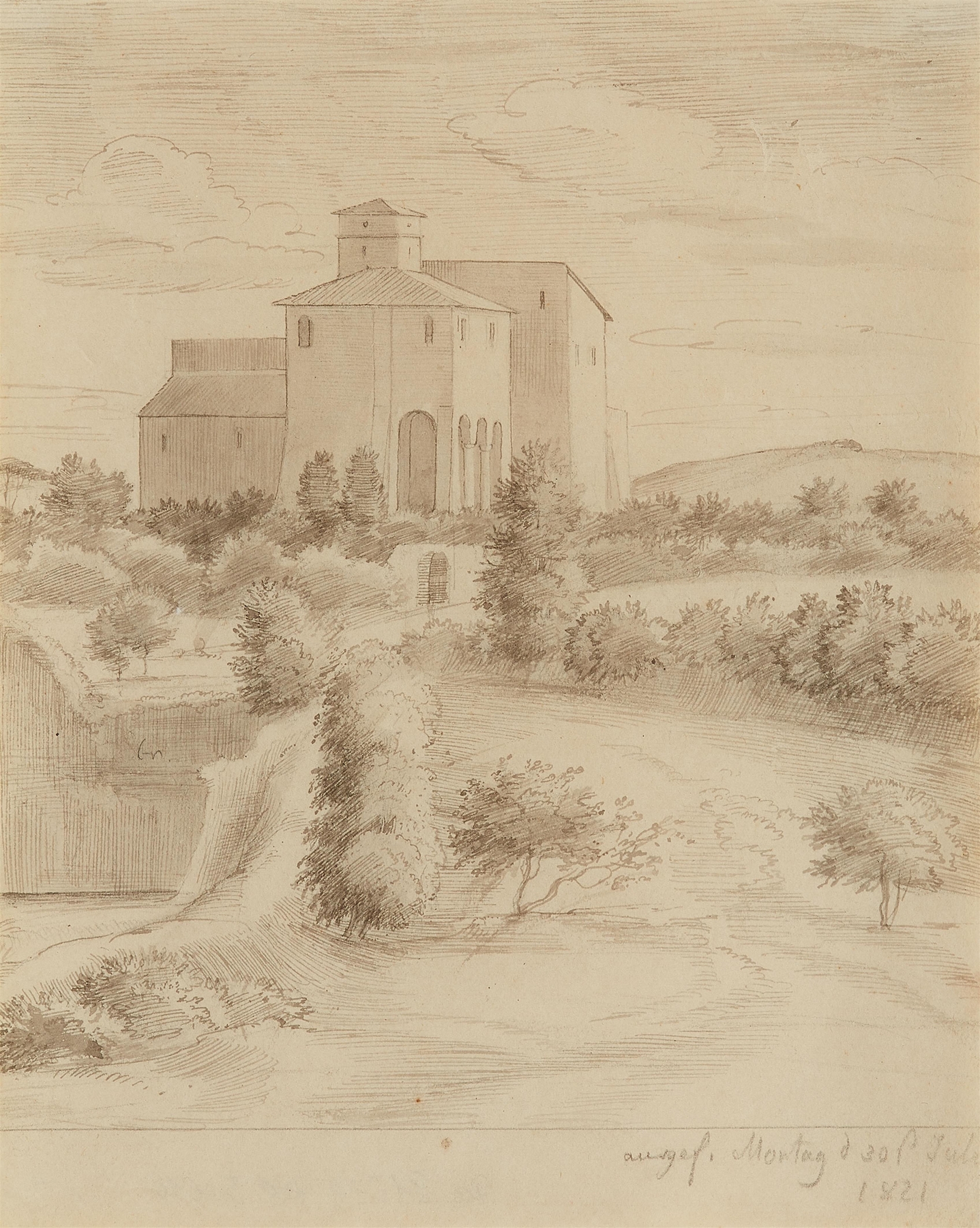 Landscape with a monastery and hills, oil on canvas by Friedrich Olivier