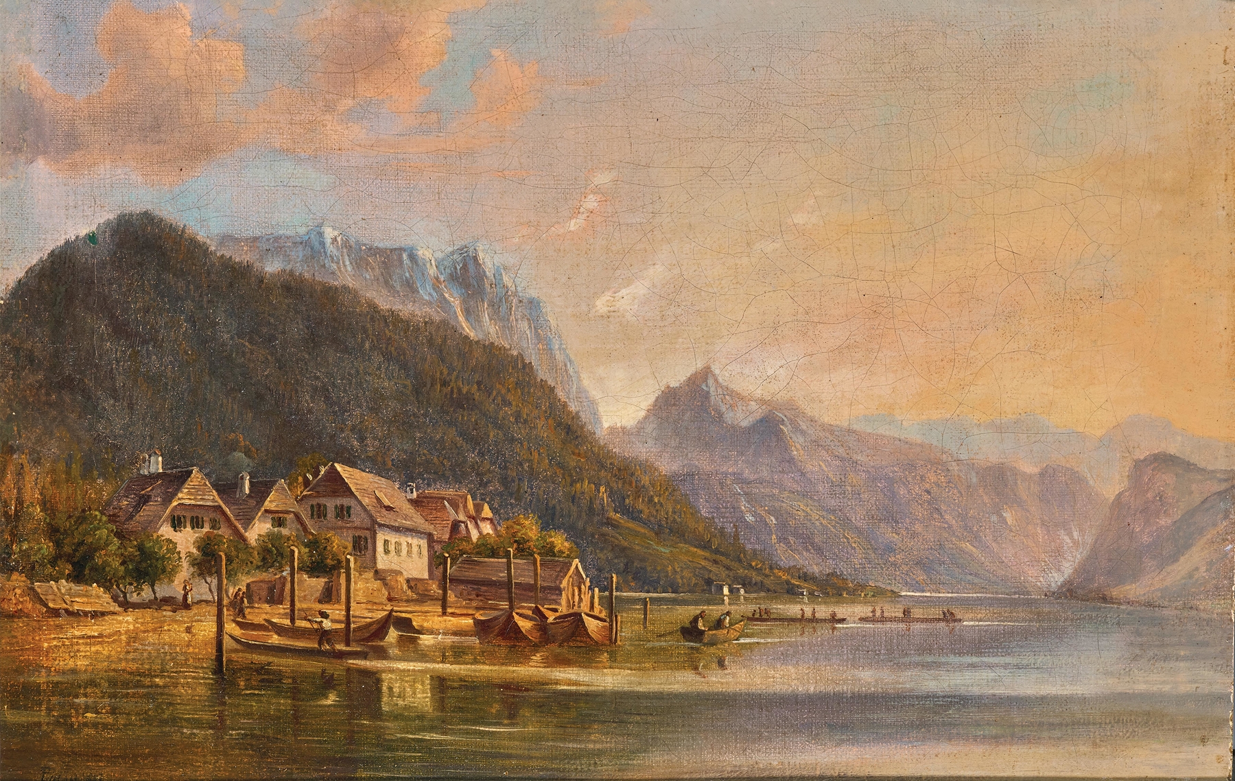 Landscape of Lake Traunsee with Traunstein and Schlafende Griechin Mountain by Andreas Passy, oil painting