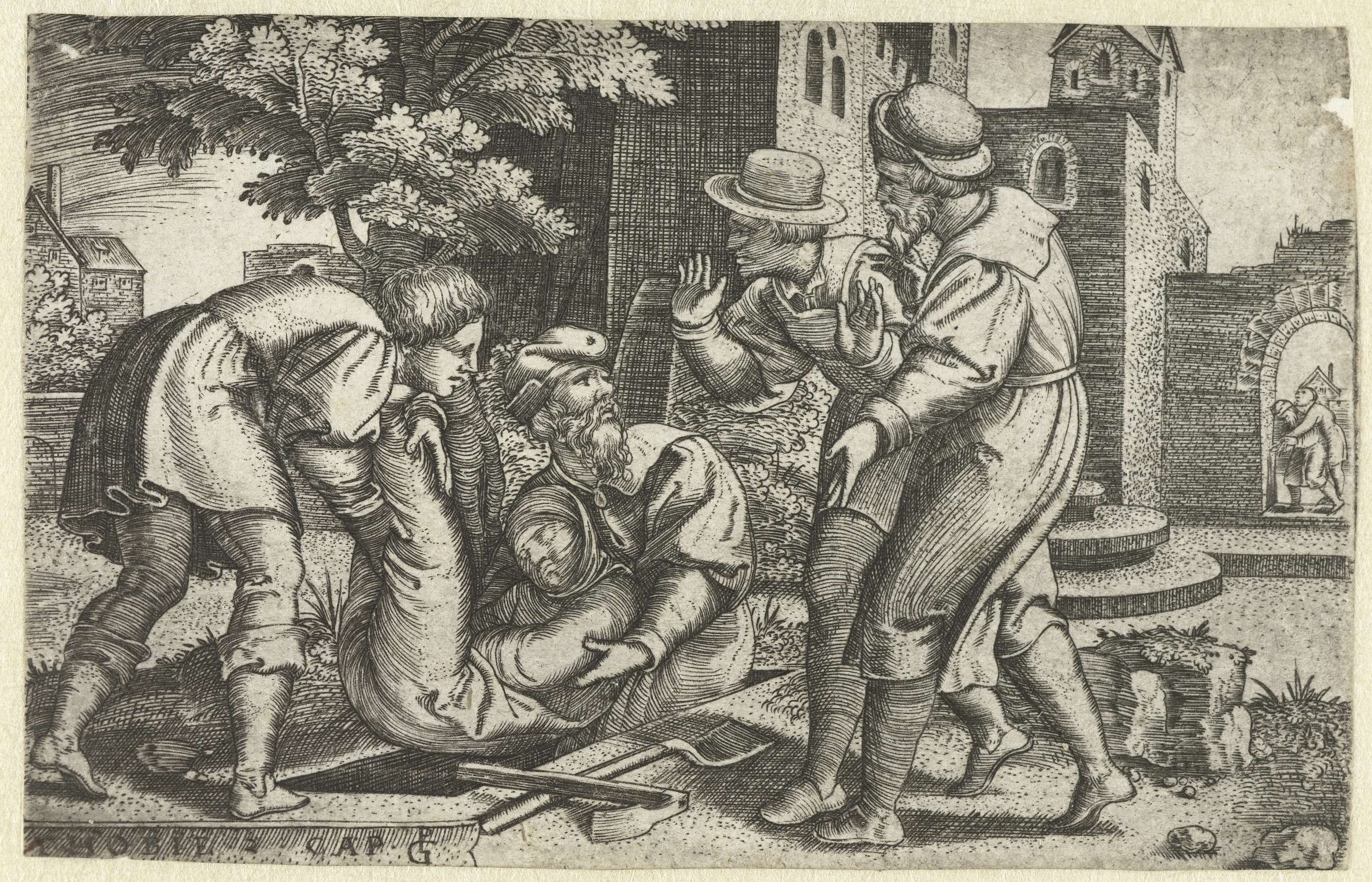 Engraving by Georg Pencz depicting Tobit and Tobias cradling a body