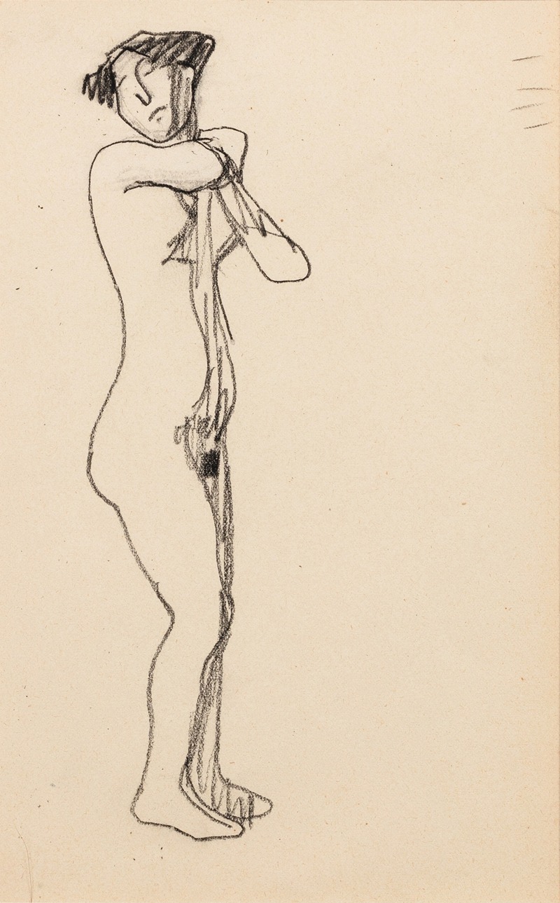 Amedeo Modigliani's painting depicts a standing nude woman in a three-quarters pose.