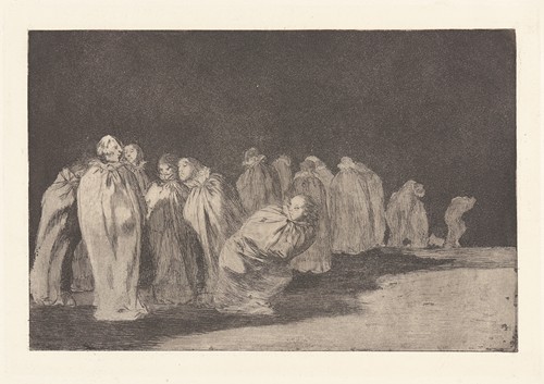 Goya's painting explores themes of identity and social judgment through figures draped in sackcloth.