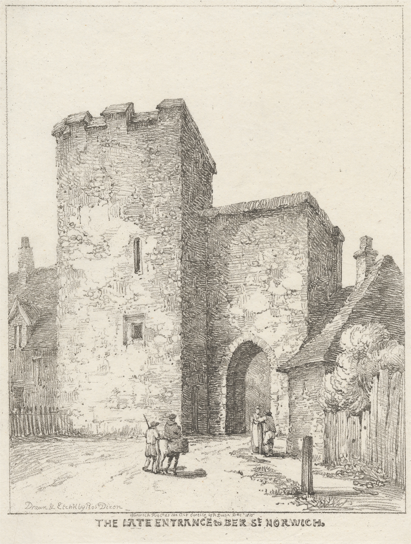 Genre scene depicting figures conversing on a cobblestone path, oil painting by Robert Dixon.