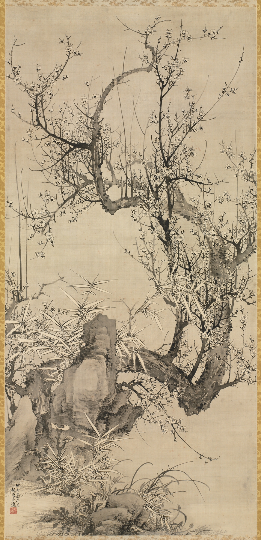 Plums, Bamboo, and Orchid by Yamamoto Baiitsu, ink on paper