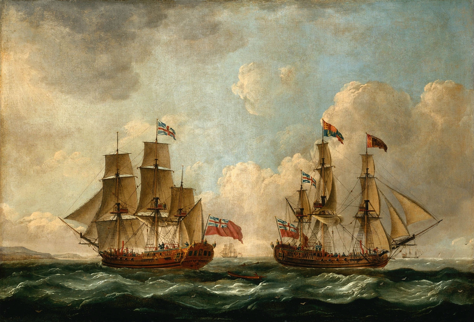 The Peregrine (later renamed the Royal Caroline) in Two Positions off the Coast), by John Cleveley the elder, public domain