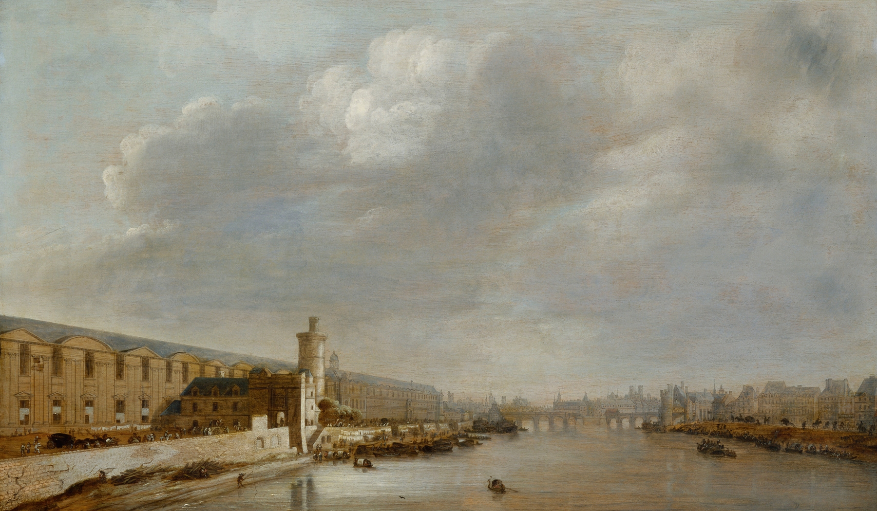 La Grande Galerie du Louvre avec la porte Neuve et la tour de Bois, by Abraham de Verwer, public domain