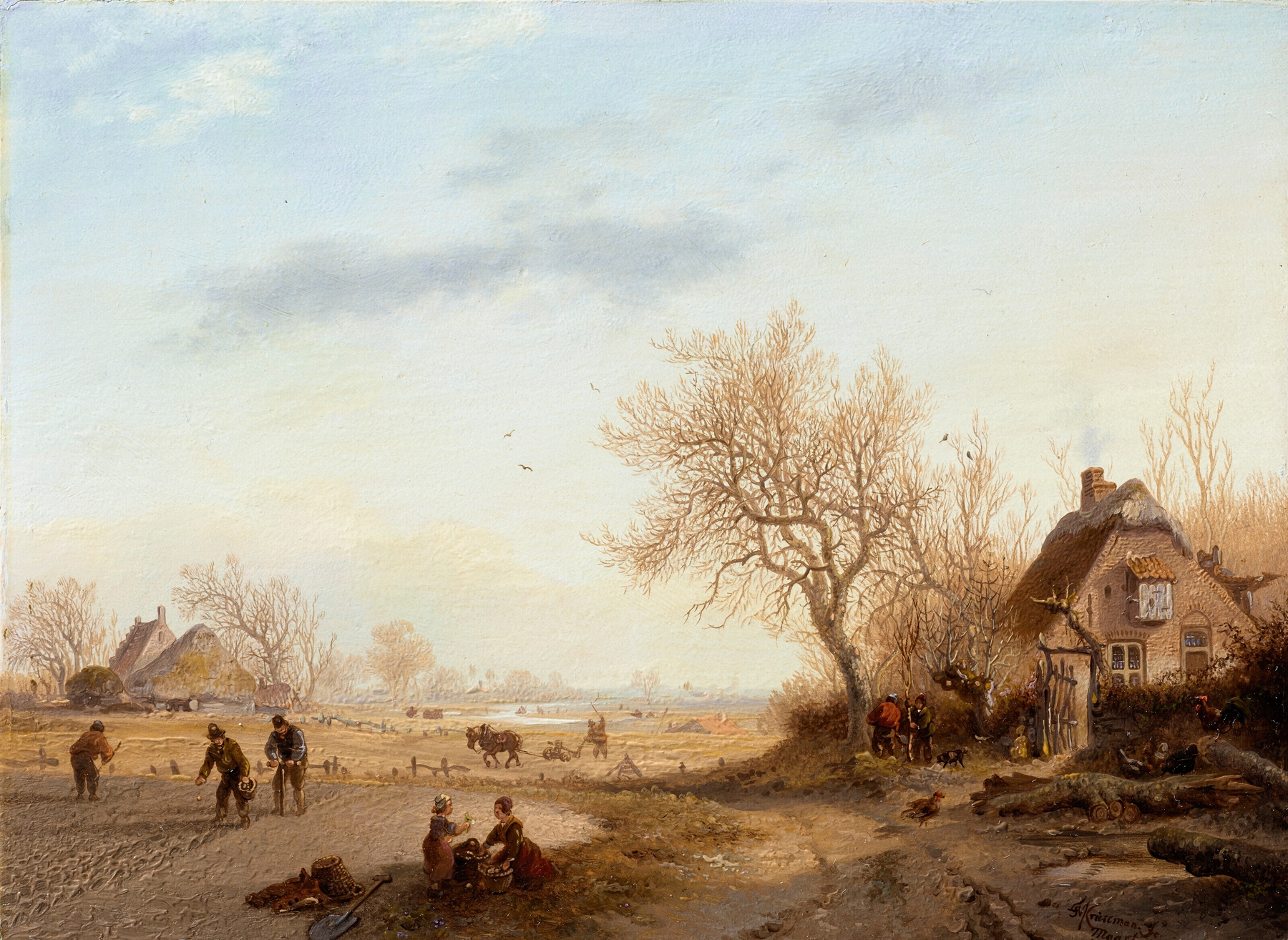 Landscape oil painting by Frederik Marinus Kruseman featuring soft hues and wispy clouds.