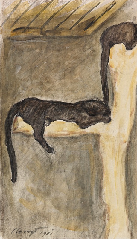 This painting depicts a pair of panthers in a zoo setting.