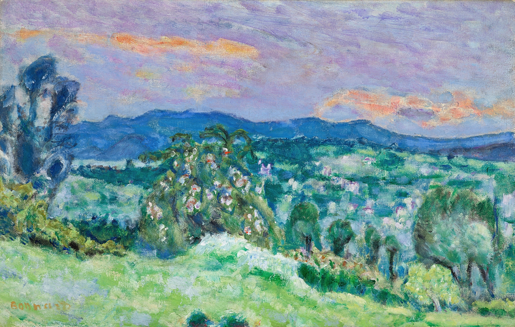 Paysage de Saint-Tropez by Pierre Bonnard, oil on canvas depicting a vibrant landscape with azure sky.