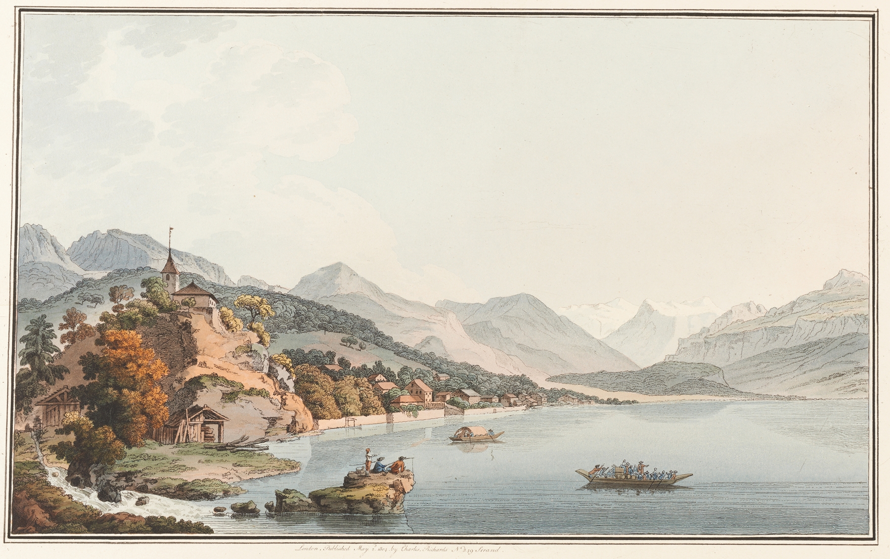Landscape with a village and lake by Johann Ludwig Aberli, medium unknown.