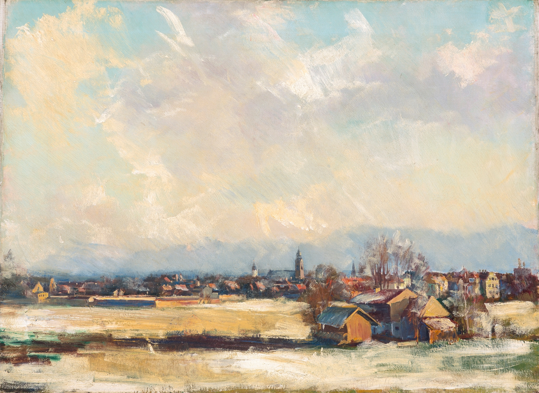 Winter landscape with snow-covered village houses, oil on canvas by Hiasl Maier-Erding