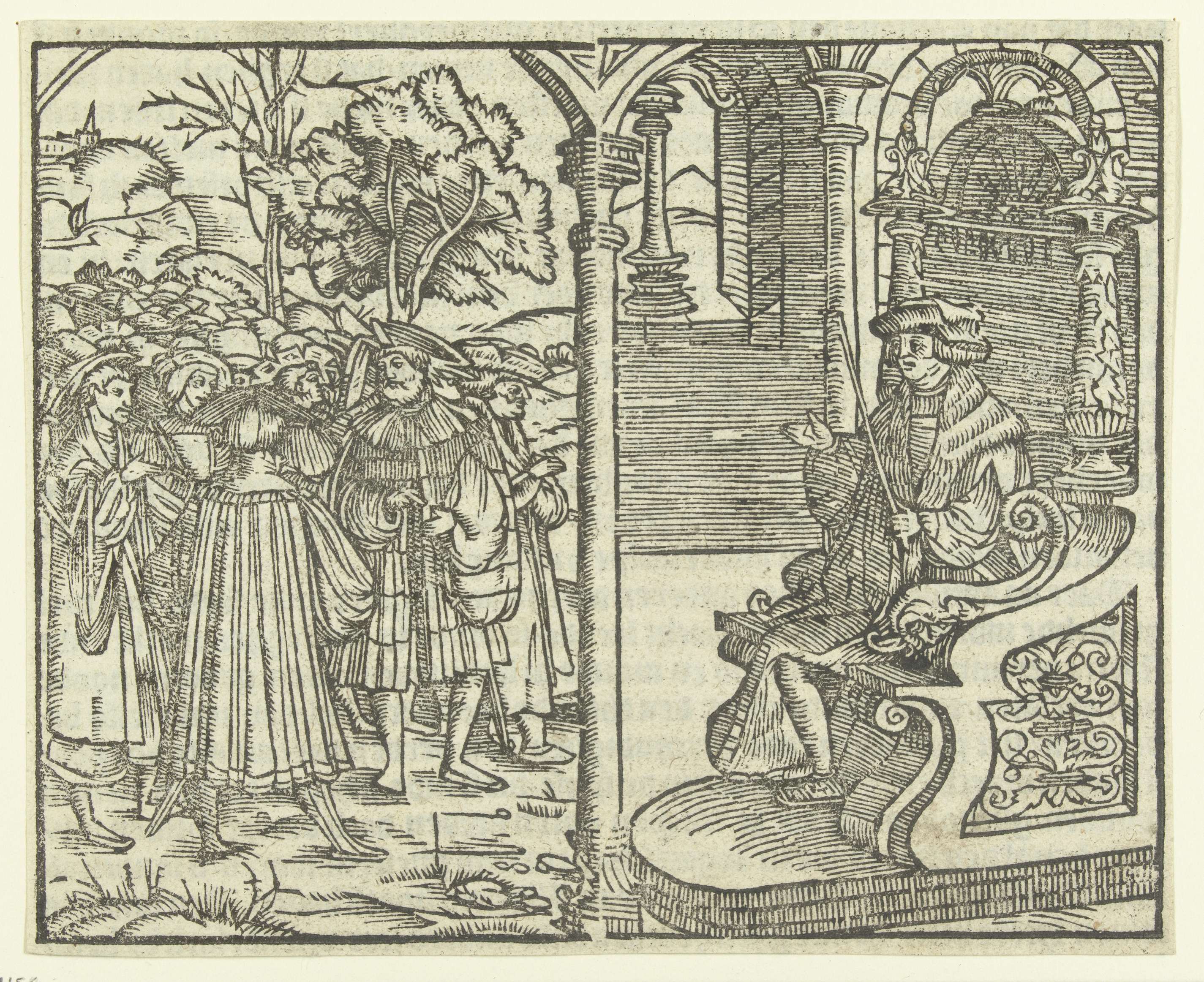 Figurative drawing on paper by Unknown Artist depicting a figure on a throne surrounded by a crowd.