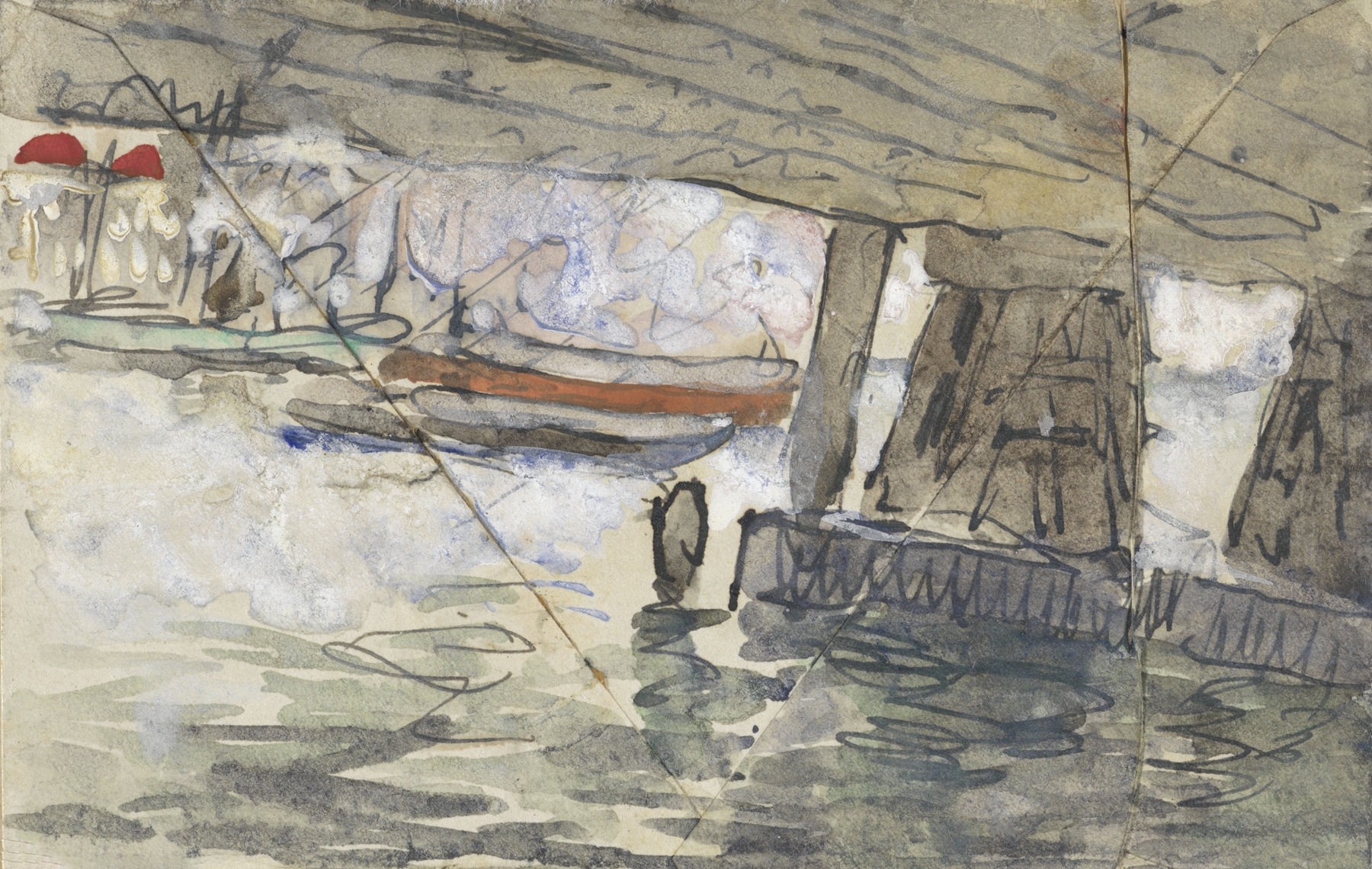 Genre scene depicting city life under a viaduct, by Adolf le Comte