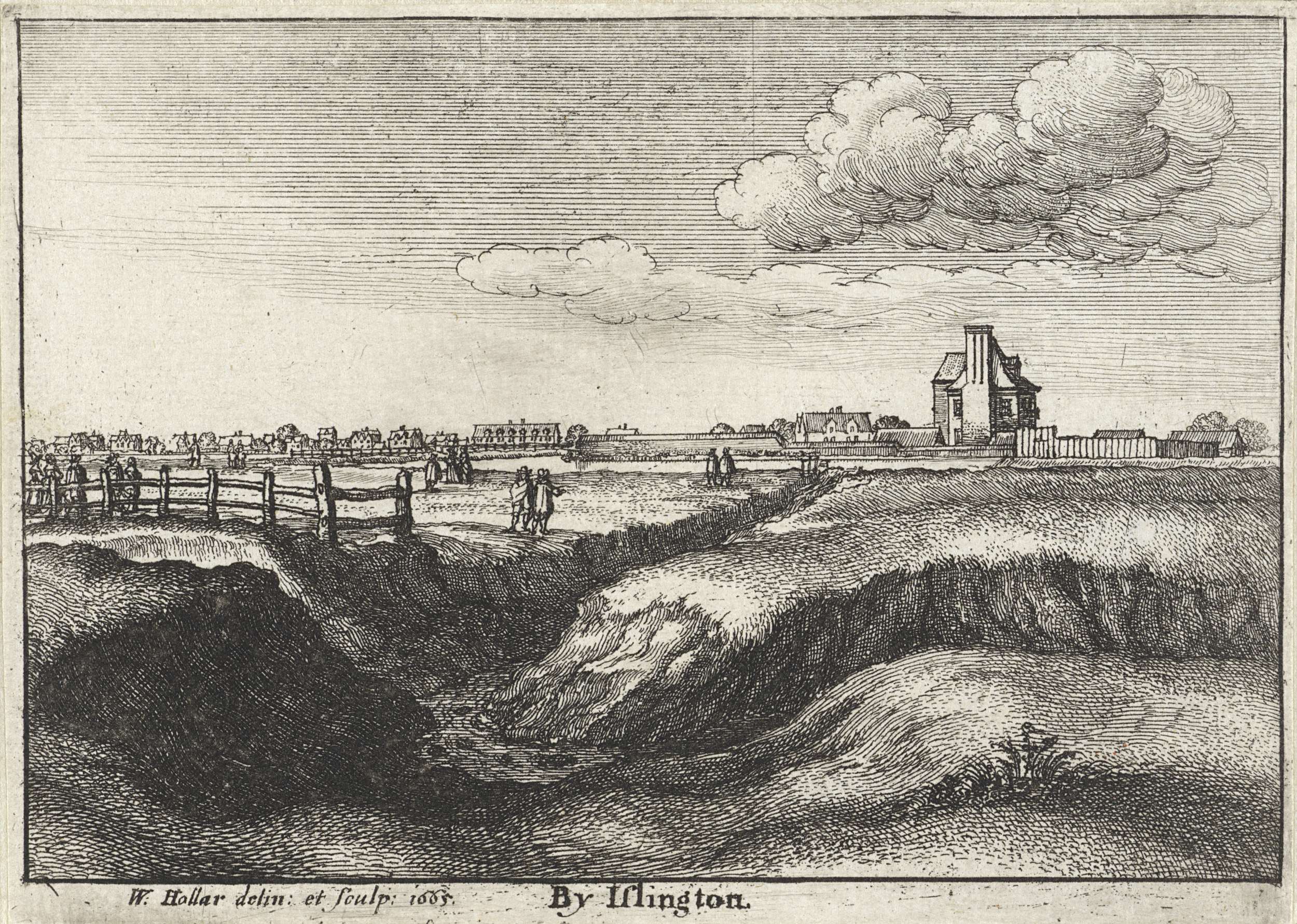 Etching by Wenceslaus Hollar depicting Islington landscape with a greppel and hills.