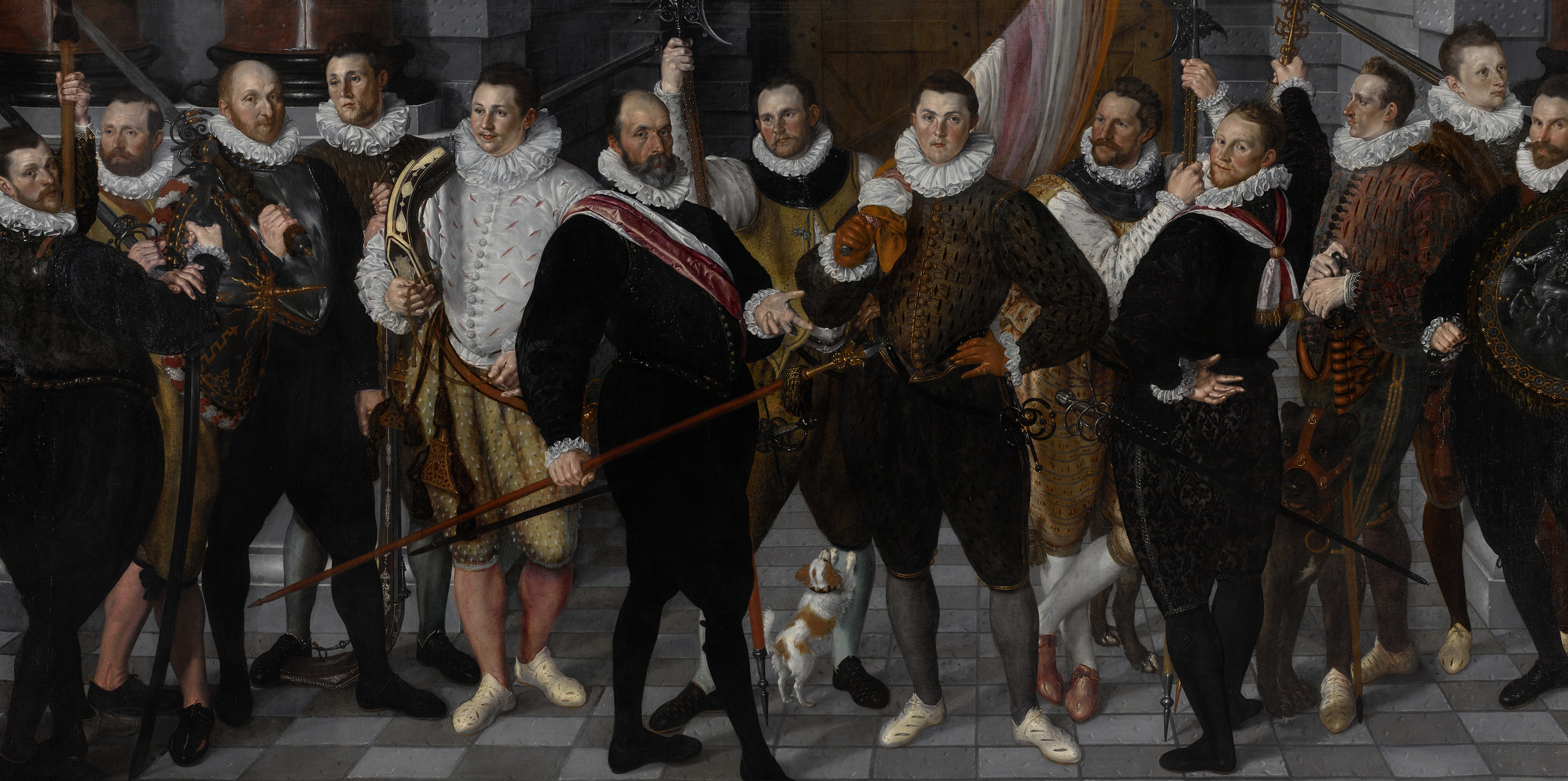 Historical oil painting by Cornelis Ketel depicting militia officers and dogs