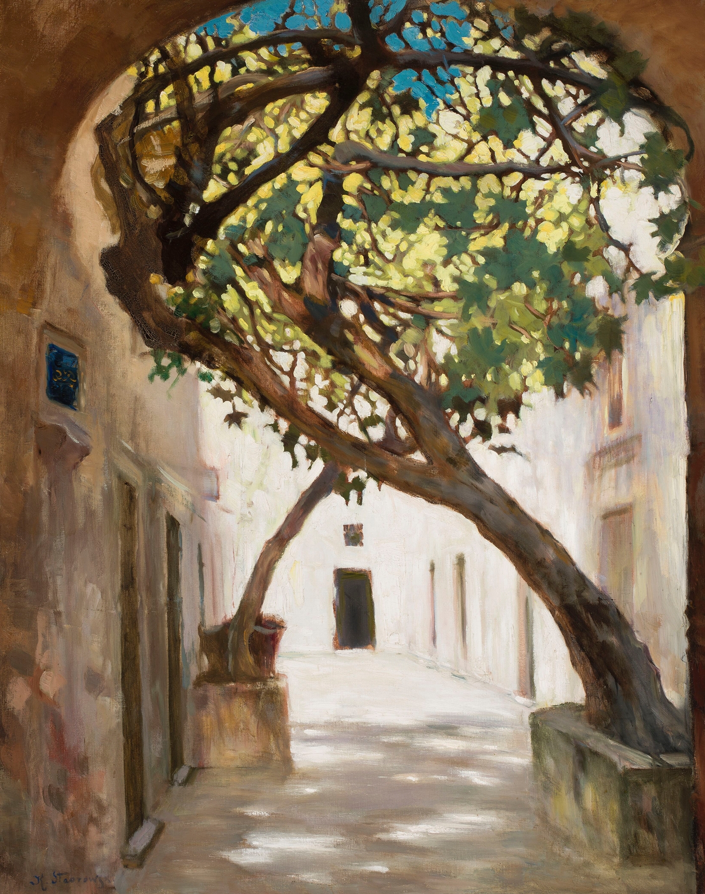 Street in Sarajevo by Kazimierz Stabrowski, oil on canvas showing sunlight through trees.
