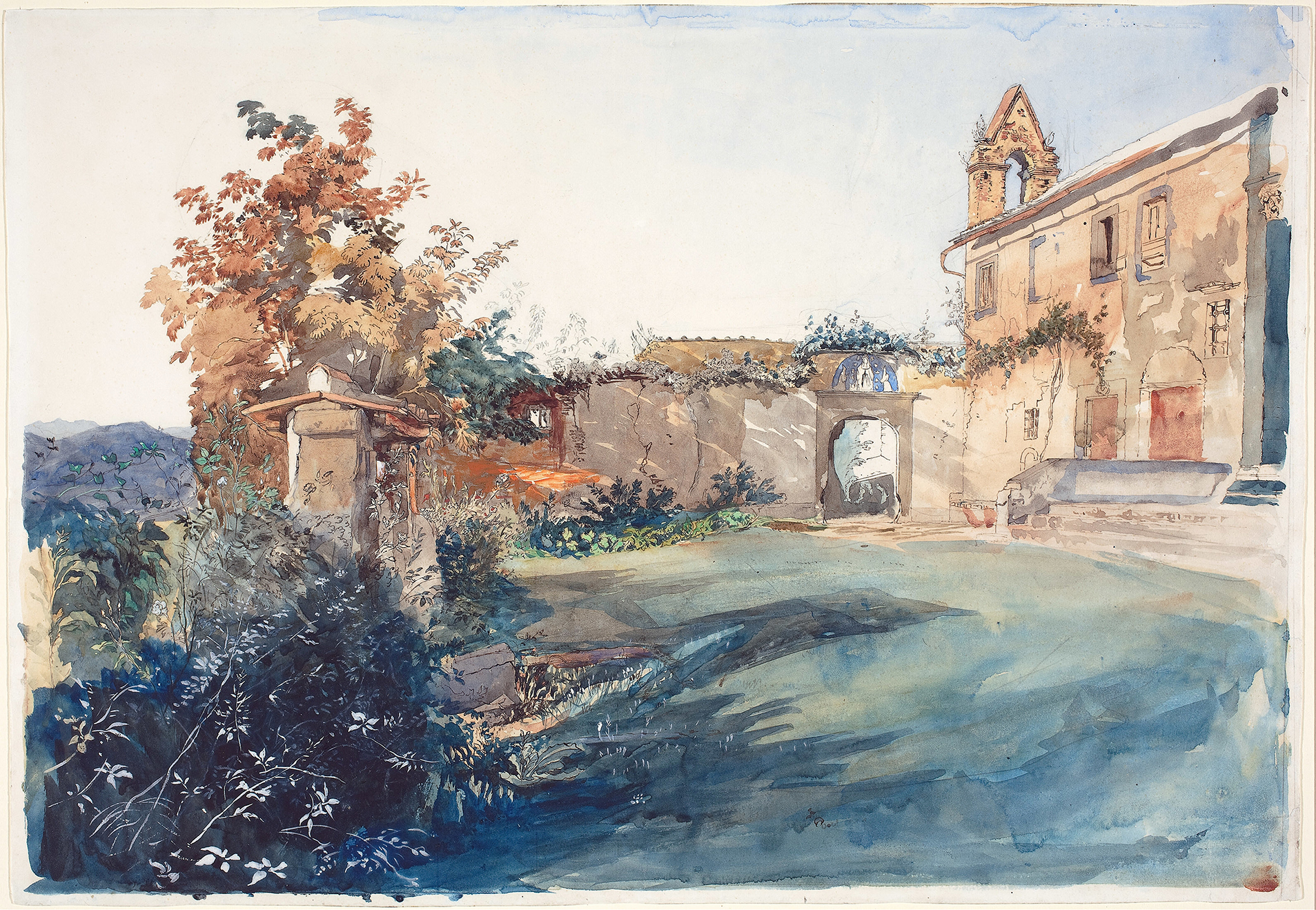Watercolour by John Ruskin depicting a garden with flowers and a pathway