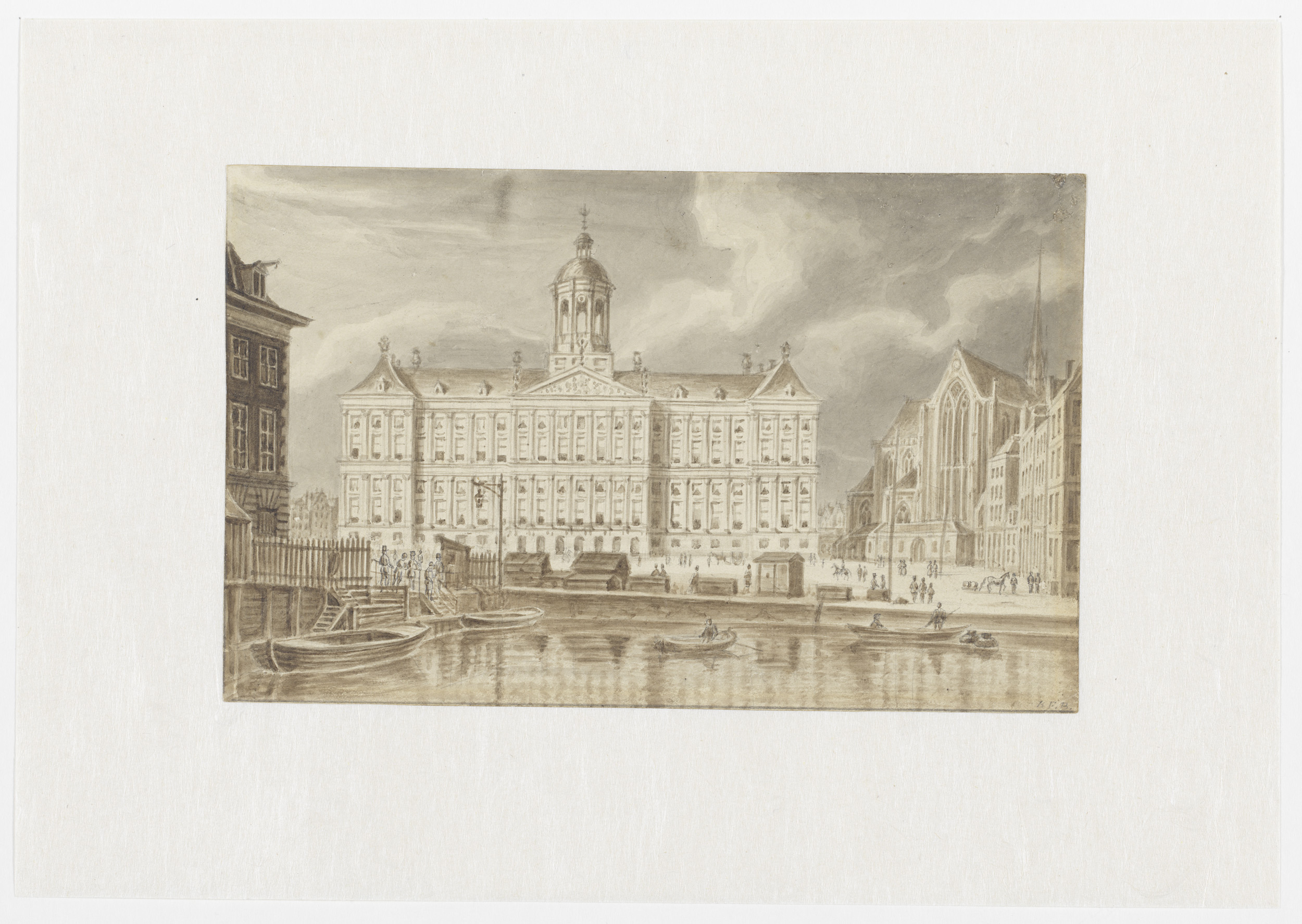 Oil painting by Augustus Wijnantz depicting the Royal Palace and Nieuwe Kerk in Amsterdam.